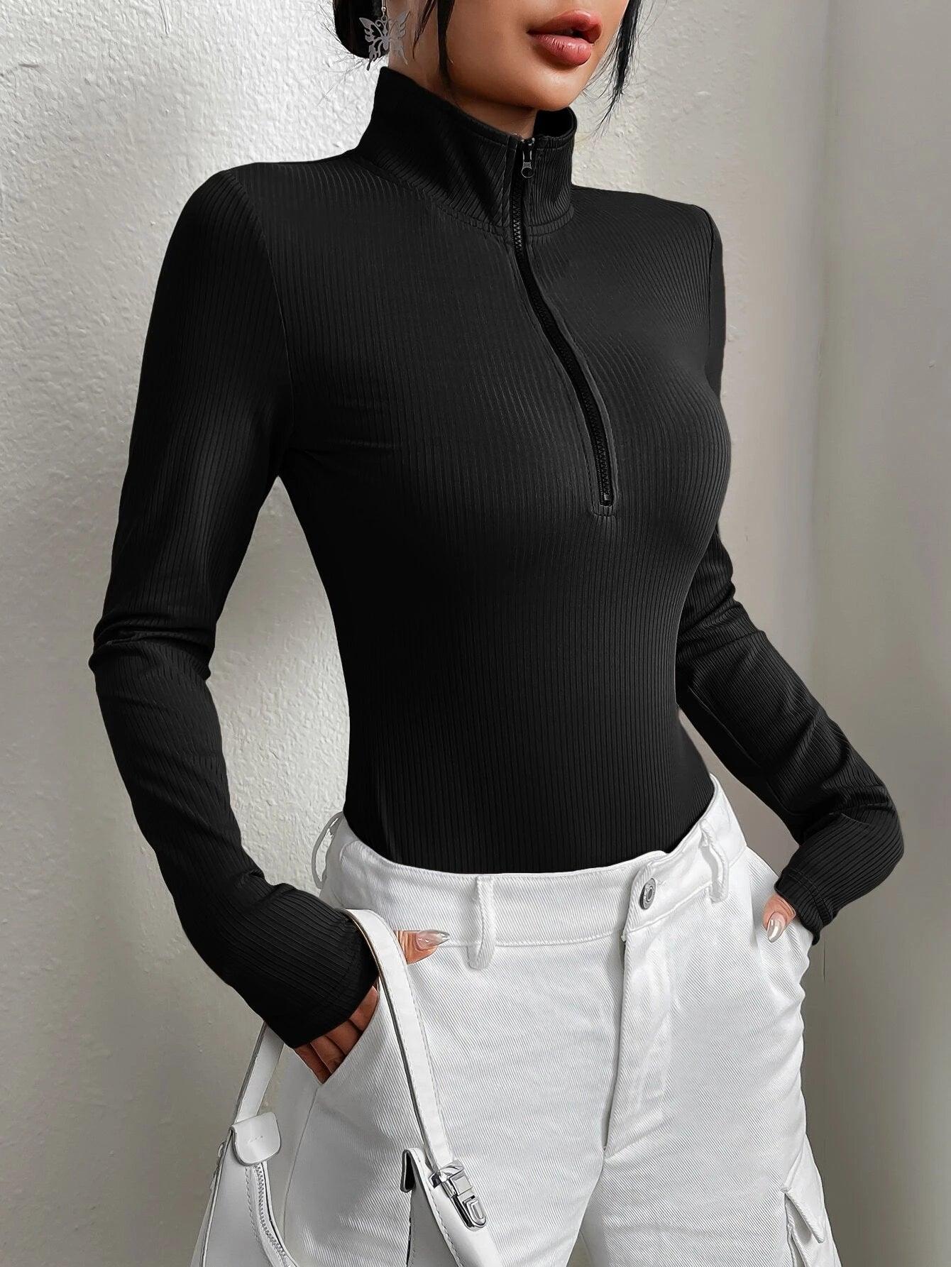 Half Zipper Long Sleeve Bodysuit-Comfy Jumpsuits