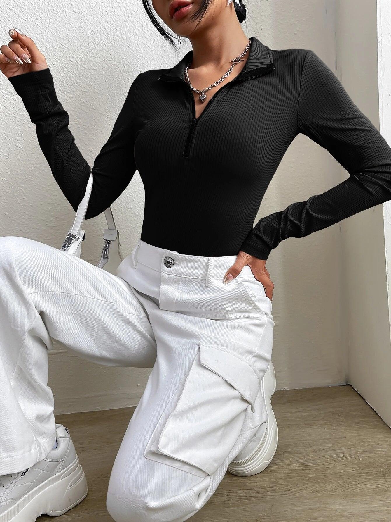Half Zipper Long Sleeve Bodysuit-Comfy Jumpsuits