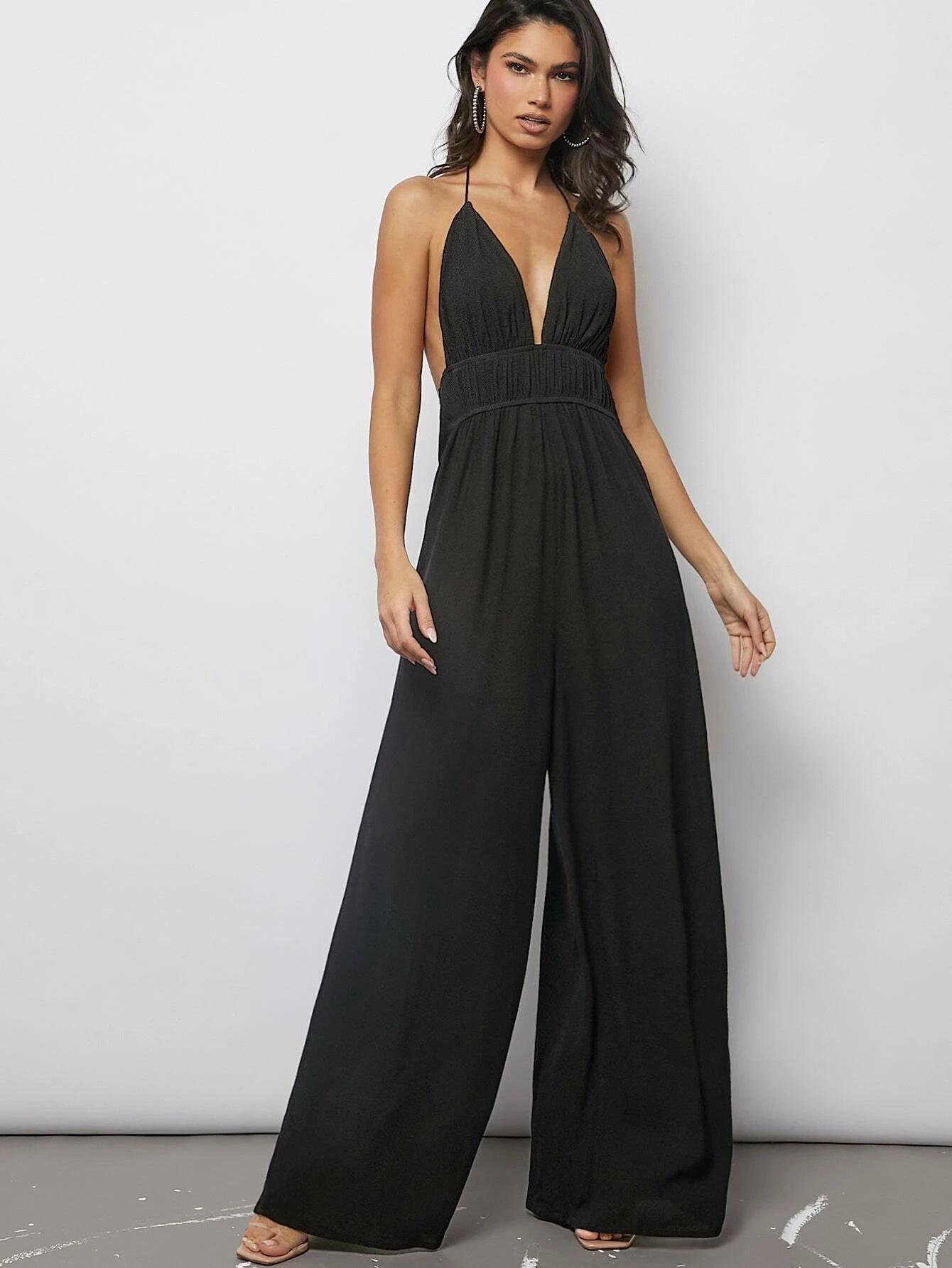 Plunging Neck Tied Backless Wide Leg Jumpsuit-Comfy Jumpsuits