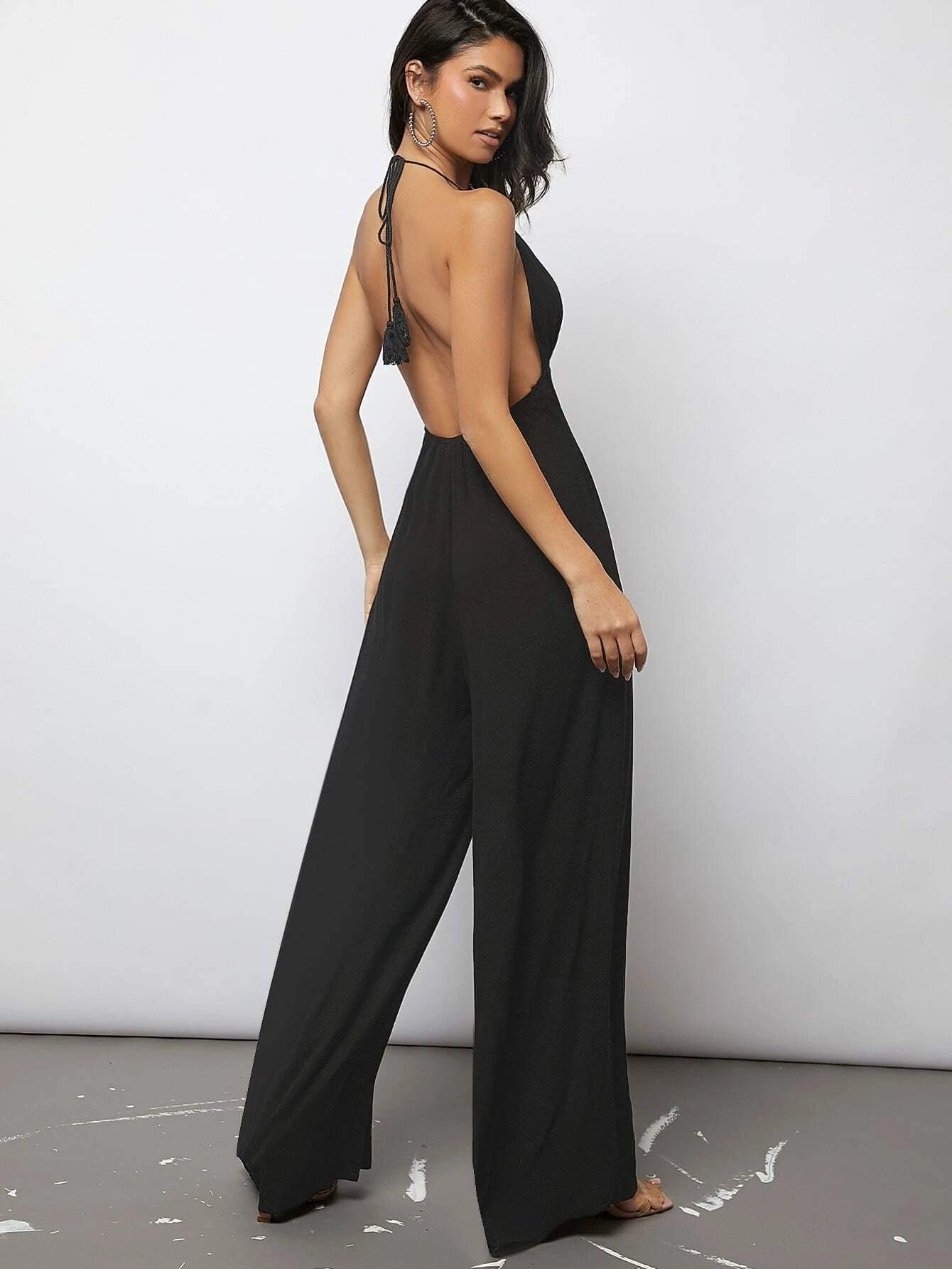 Plunging Neck Tied Backless Wide Leg Jumpsuit-Comfy Jumpsuits
