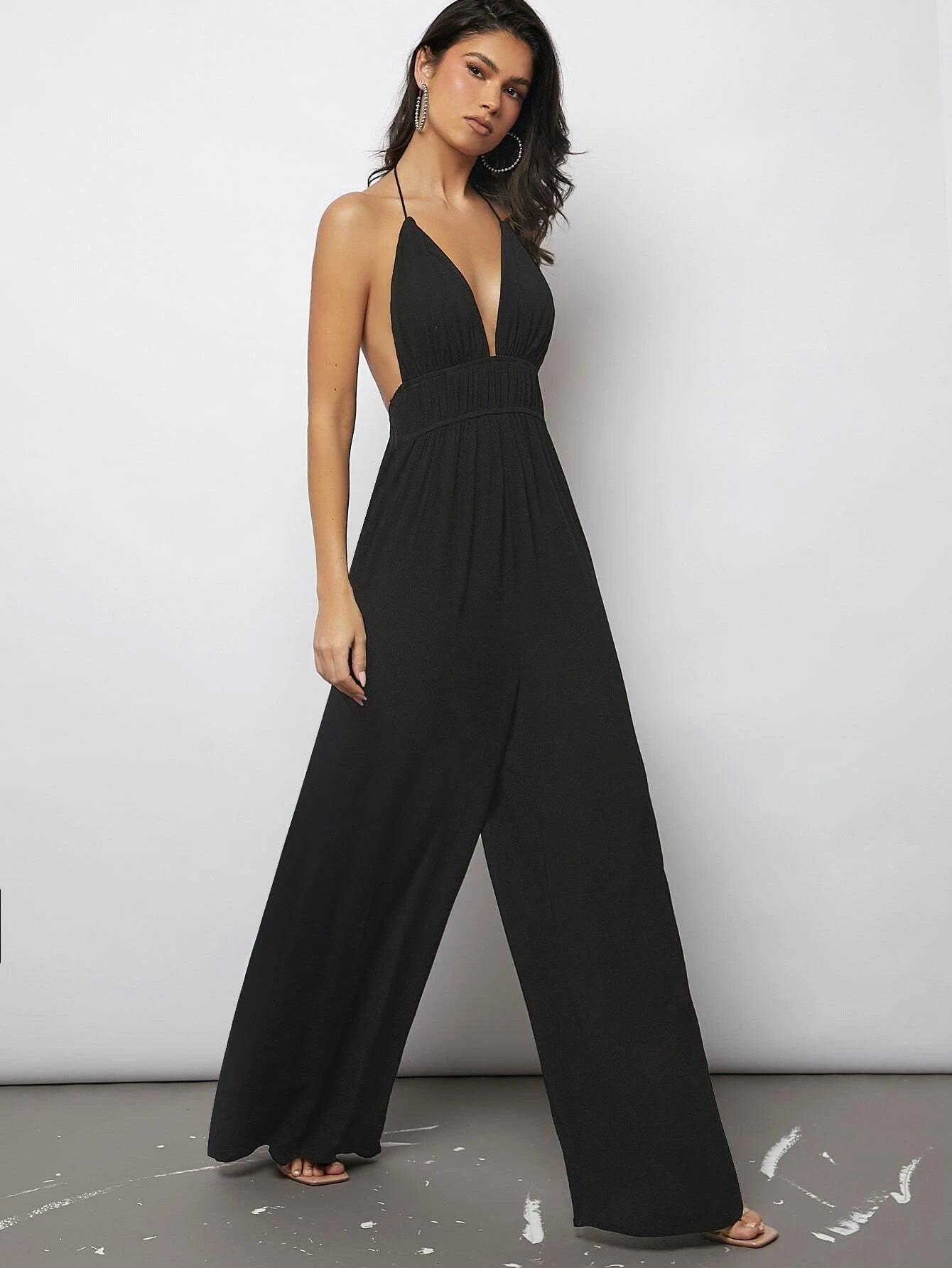 Plunging Neck Tied Backless Wide Leg Jumpsuit-Comfy Jumpsuits