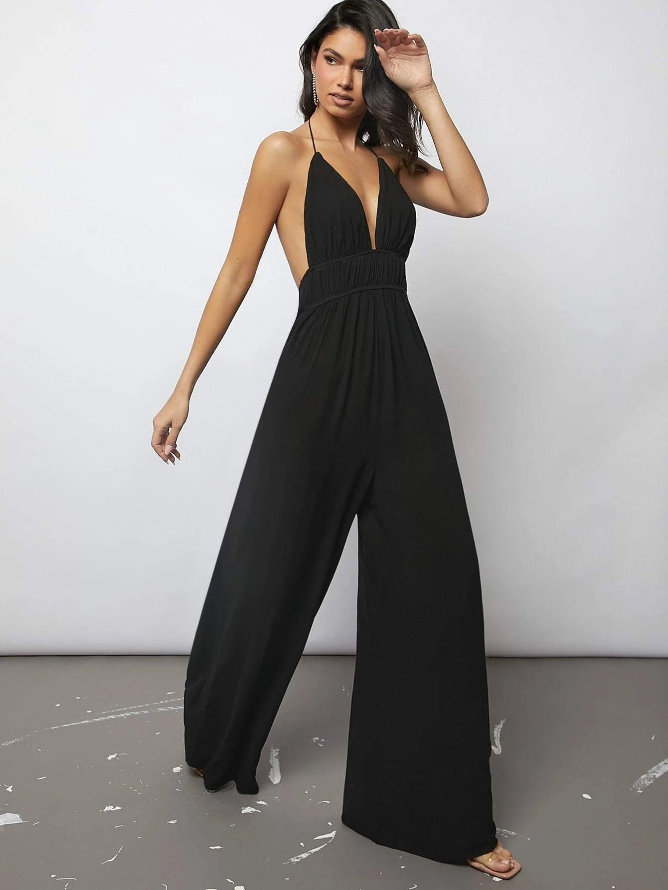 Plunging Neck Tied Backless Wide Leg Jumpsuit-Comfy Jumpsuits