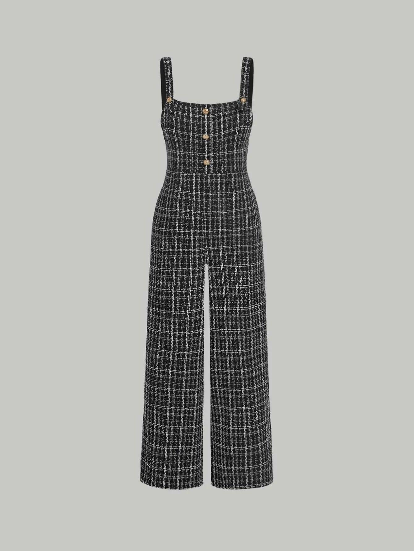 Plaid Print Button Front Cami Jumpsuit-Comfy Jumpsuits