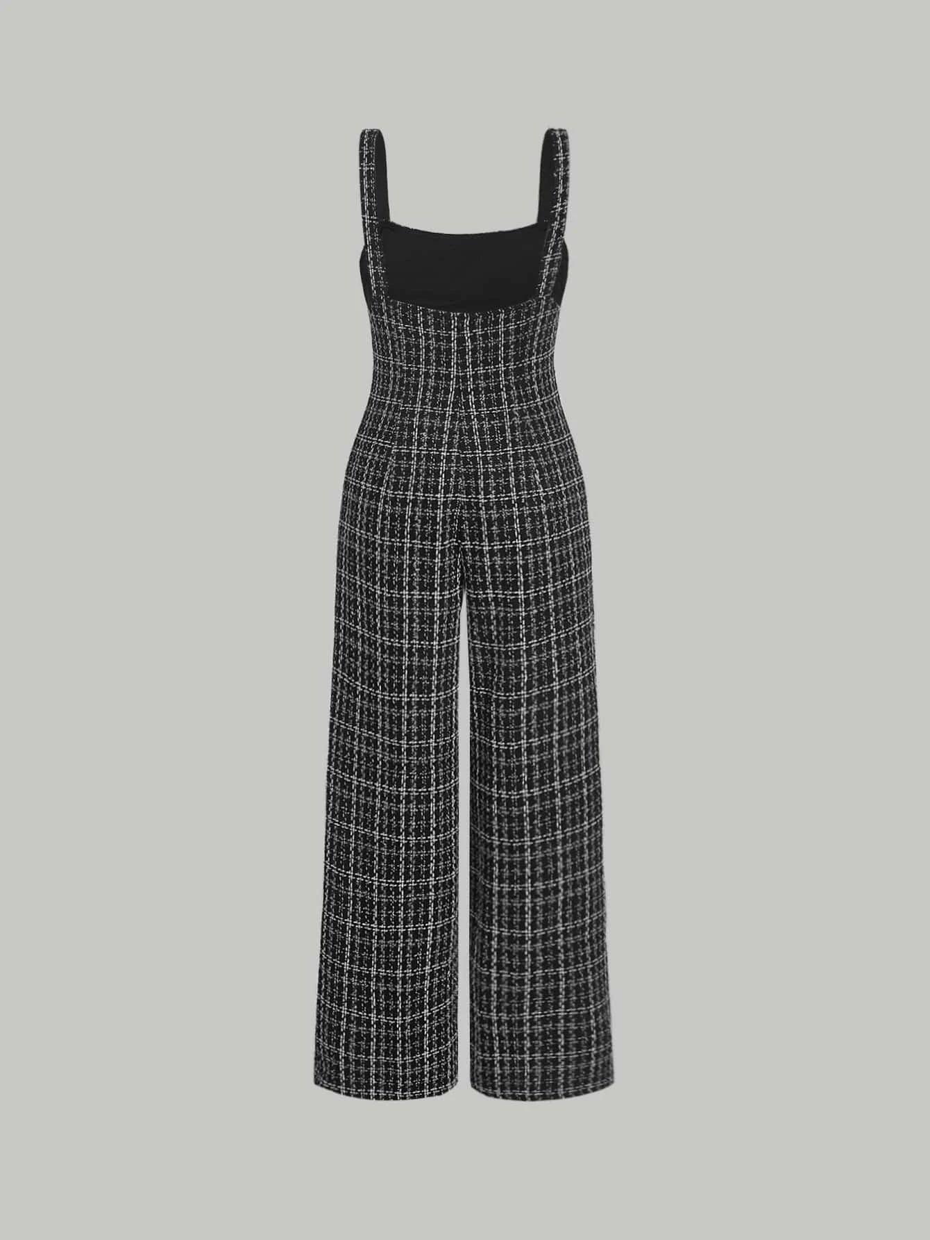 Plaid Print Button Front Cami Jumpsuit-Comfy Jumpsuits