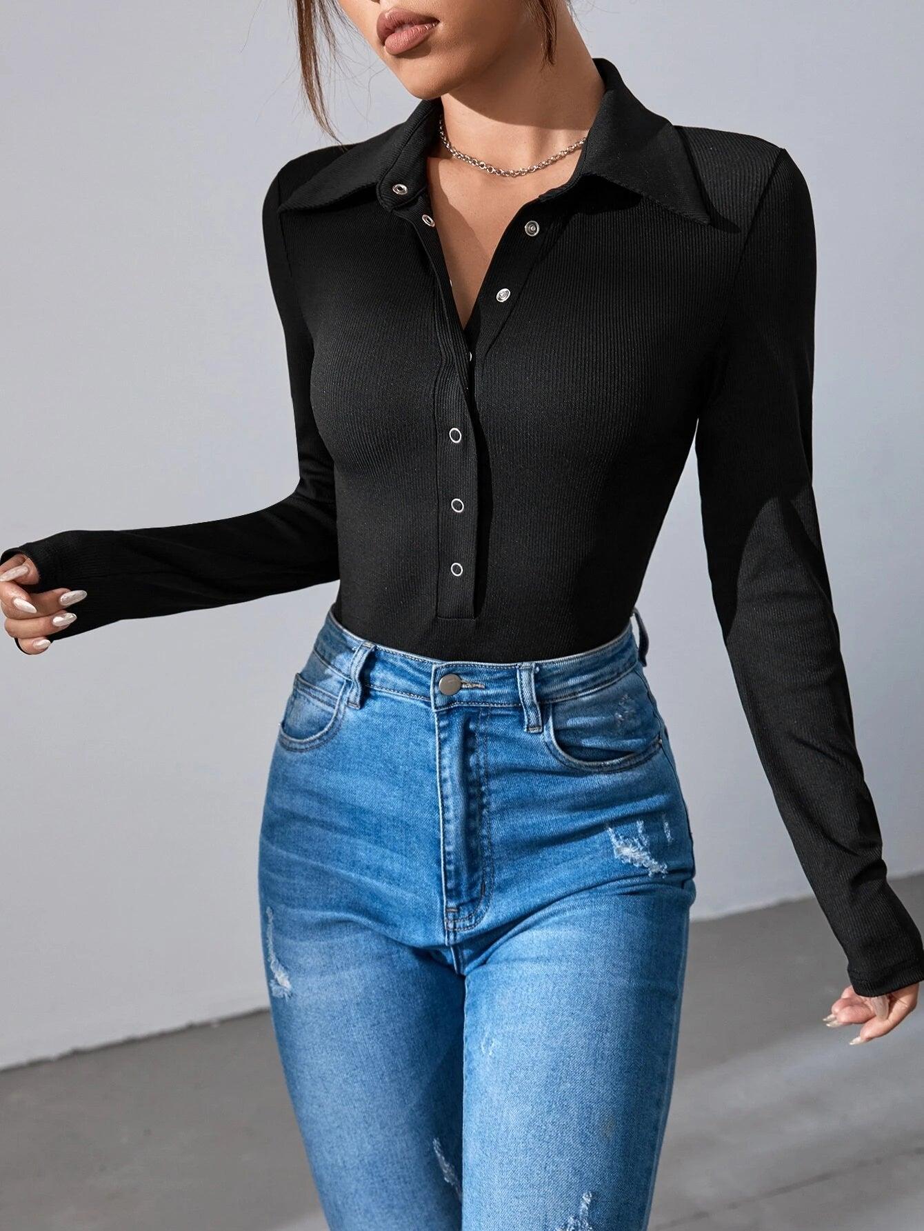 Button Front Ribbed Knit Bodysuit-Comfy Jumpsuits