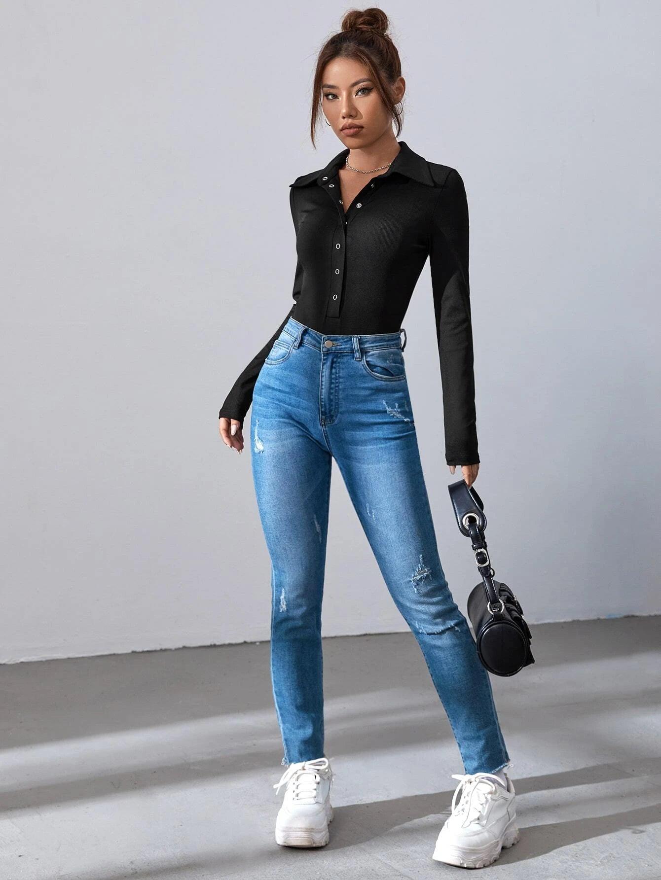 Button Front Ribbed Knit Bodysuit-Comfy Jumpsuits