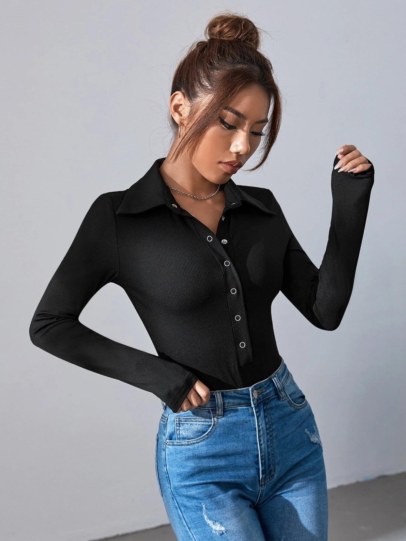 Button Front Ribbed Knit Bodysuit-Comfy Jumpsuits