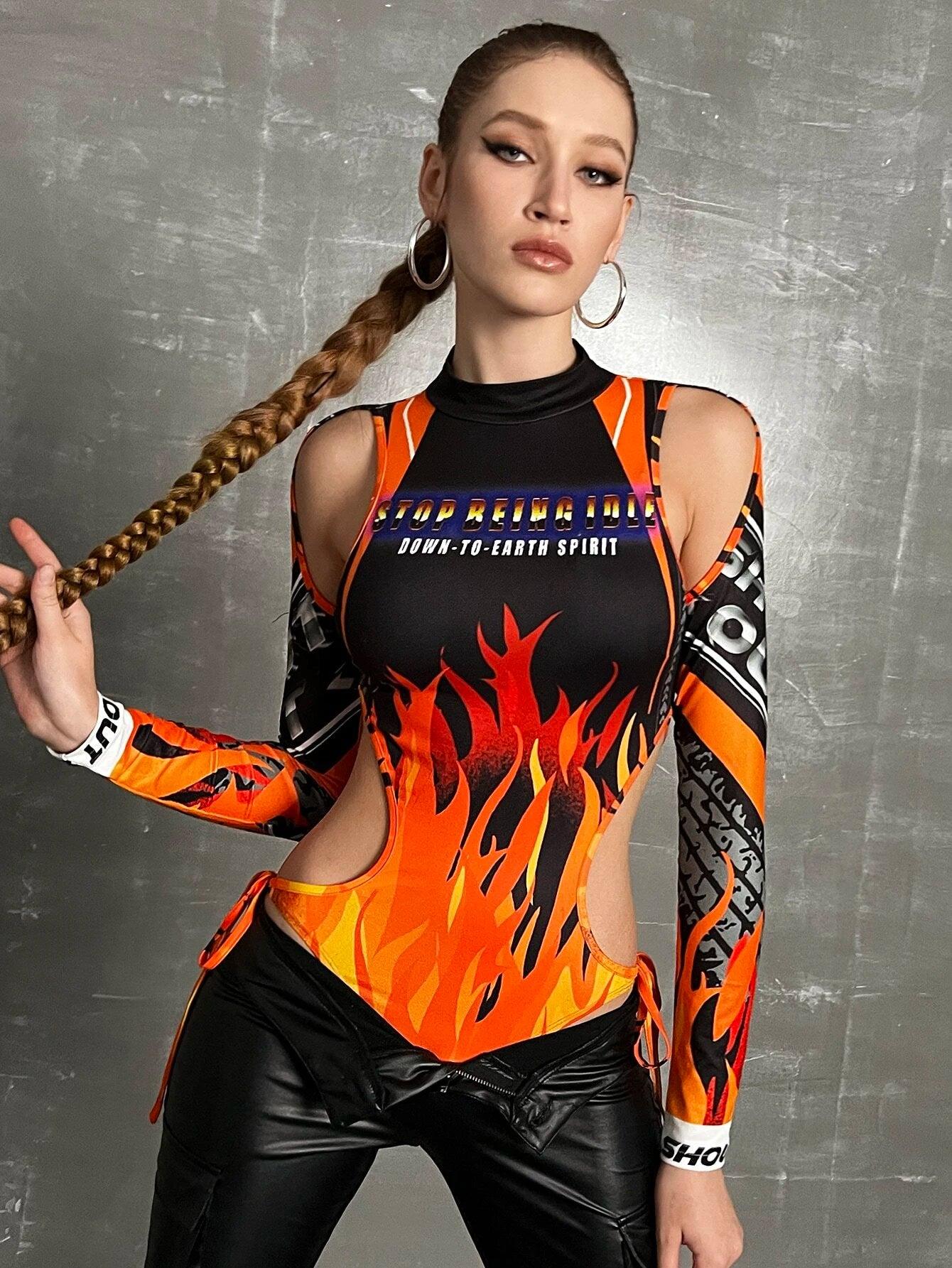 Bikercore Letter And Fire Print Bodysuit-Comfy Jumpsuits