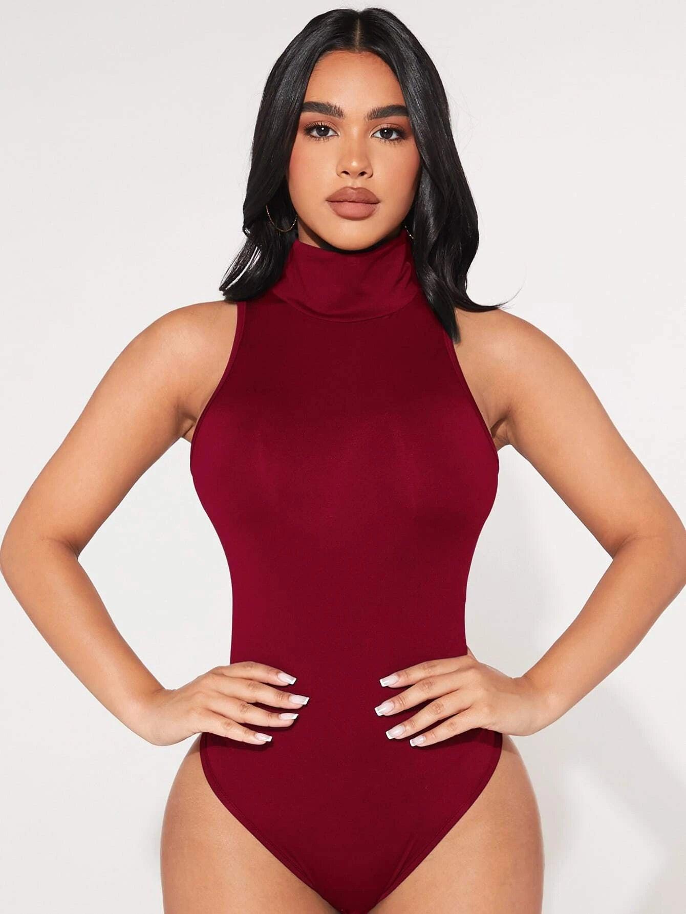 High Neck Solid Tank Bodysuit-Comfy Jumpsuits