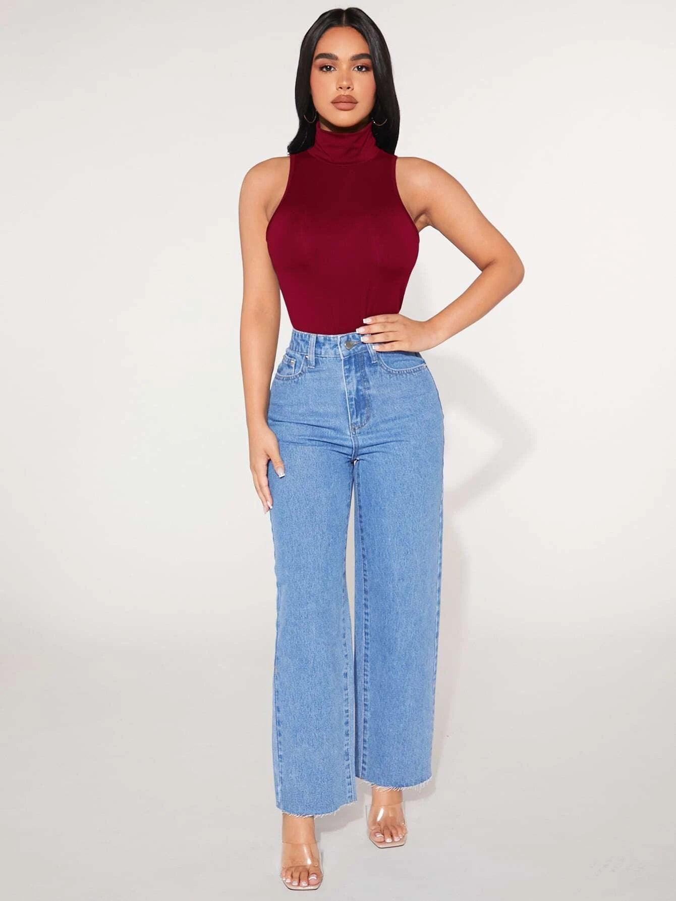 High Neck Solid Tank Bodysuit-Comfy Jumpsuits