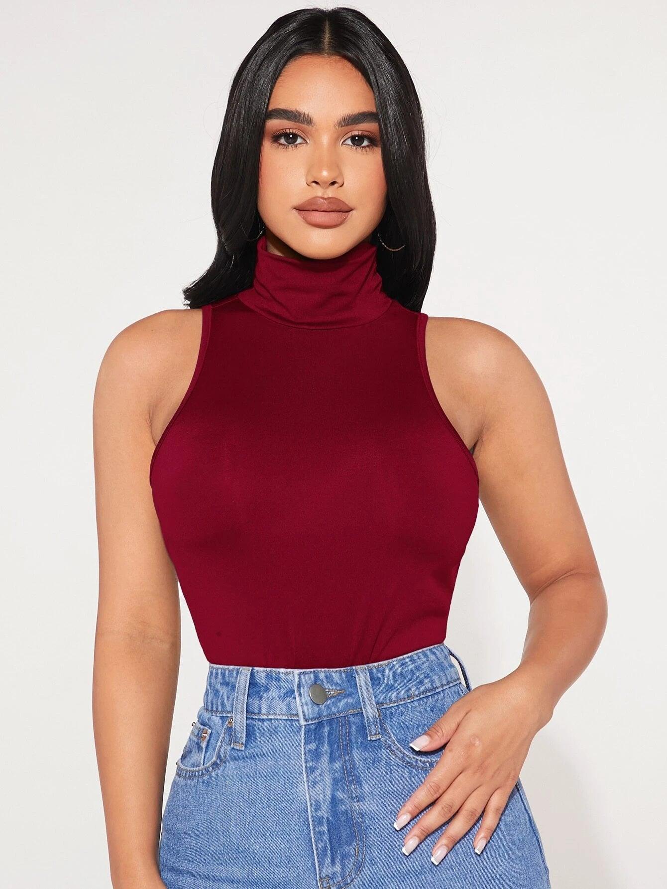High Neck Solid Tank Bodysuit-Comfy Jumpsuits