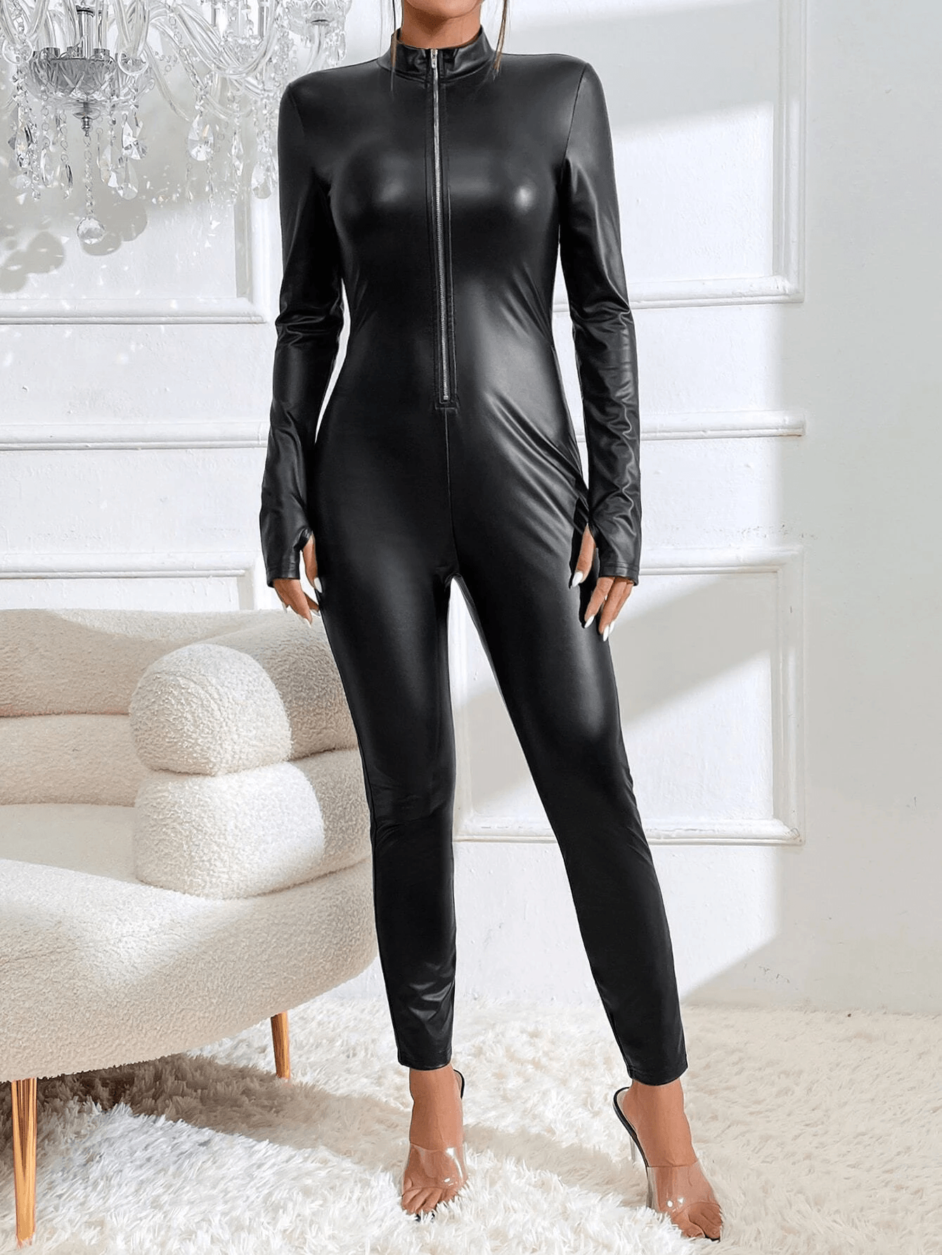 Zip Up PU Leather Unitard Jumpsuit-Comfy Jumpsuits