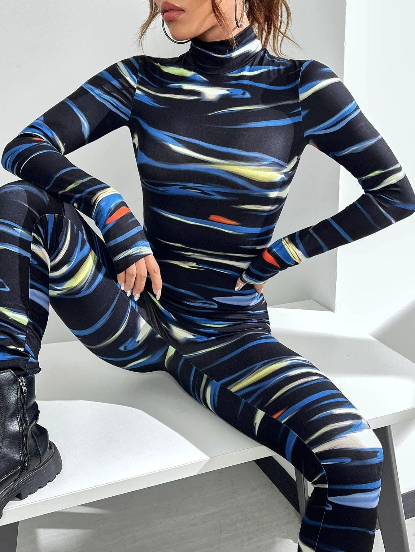 Printed Mock Neck Jumpsuit-Comfy Jumpsuits