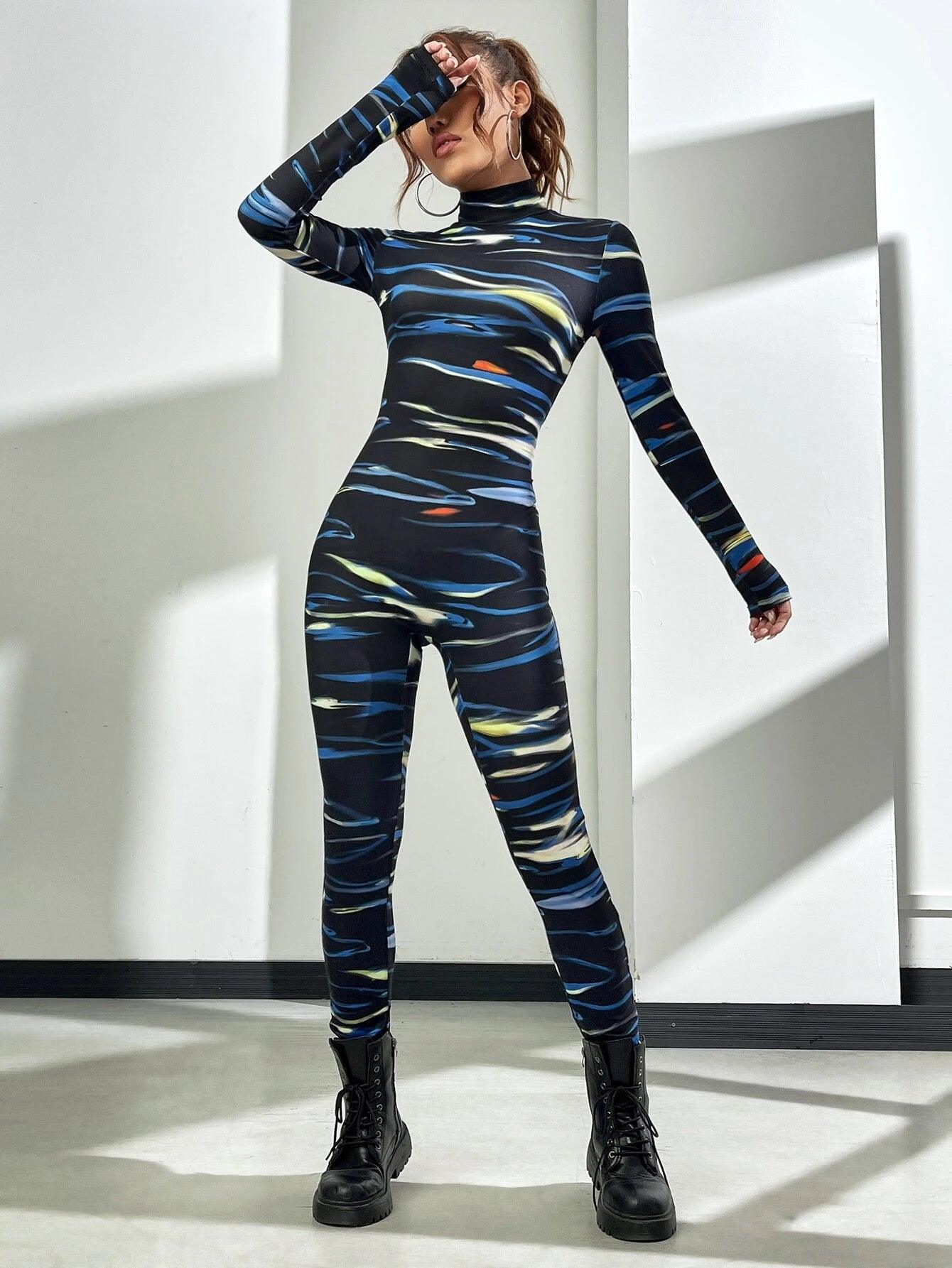 Printed Mock Neck Jumpsuit-Comfy Jumpsuits