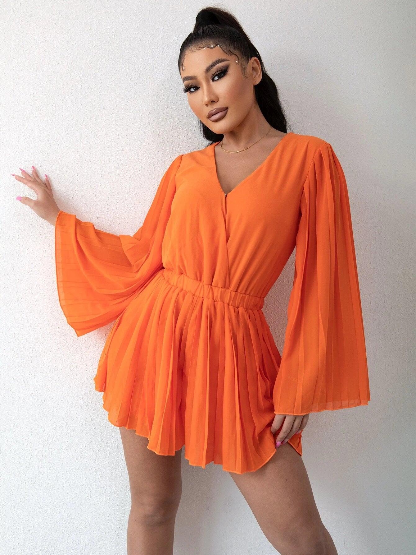 Trumpet Sleeve Elastic Waist Romper-Comfy Jumpsuits