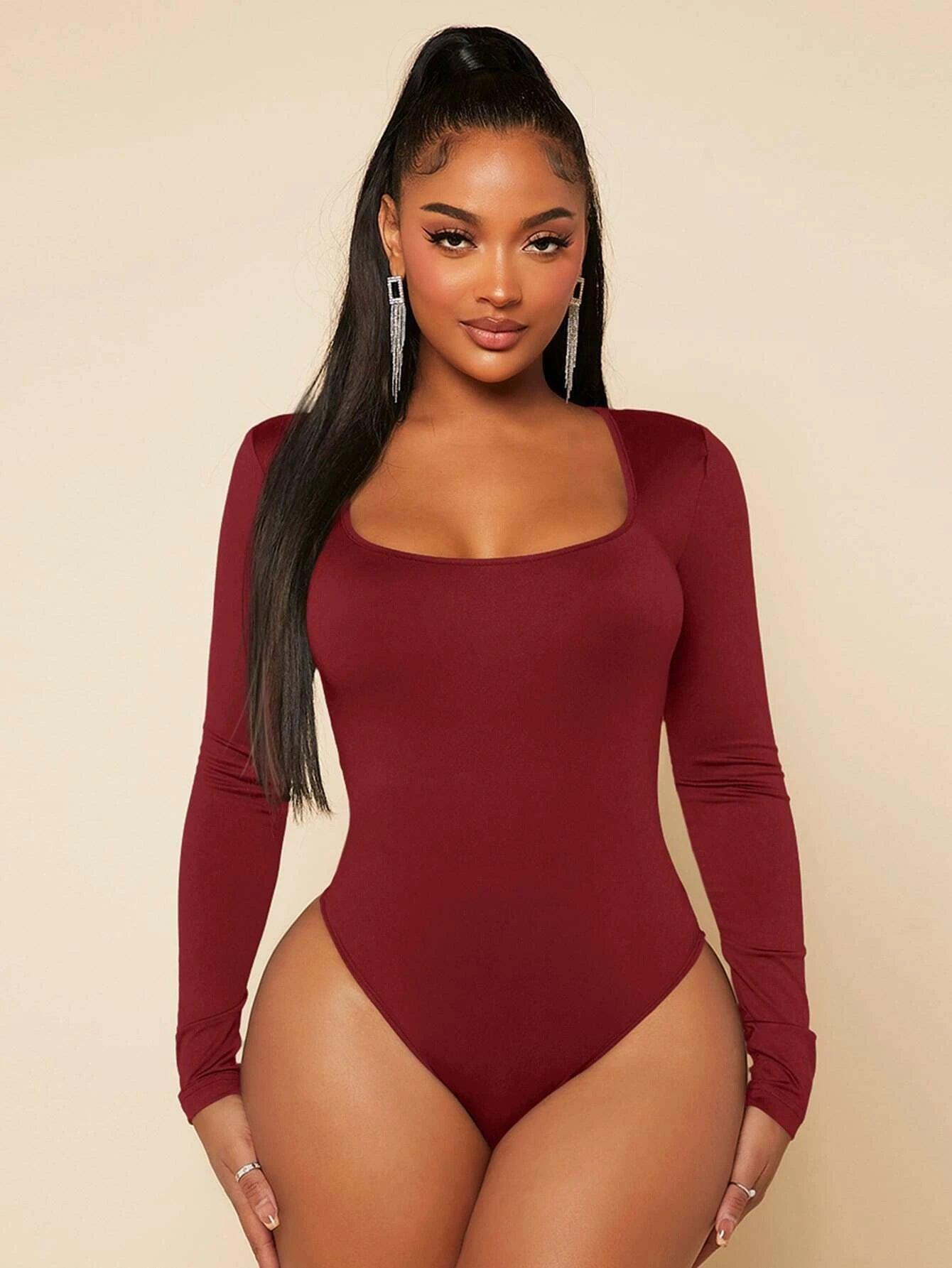 Square Neck Slim Fit Bodysuits-Comfy Jumpsuits