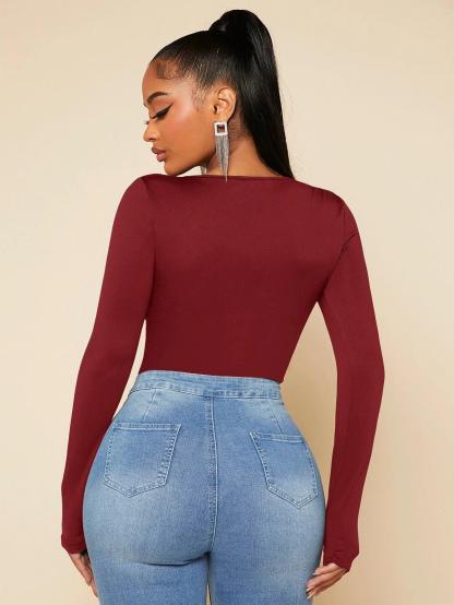 Square Neck Slim Fit Bodysuits-Comfy Jumpsuits
