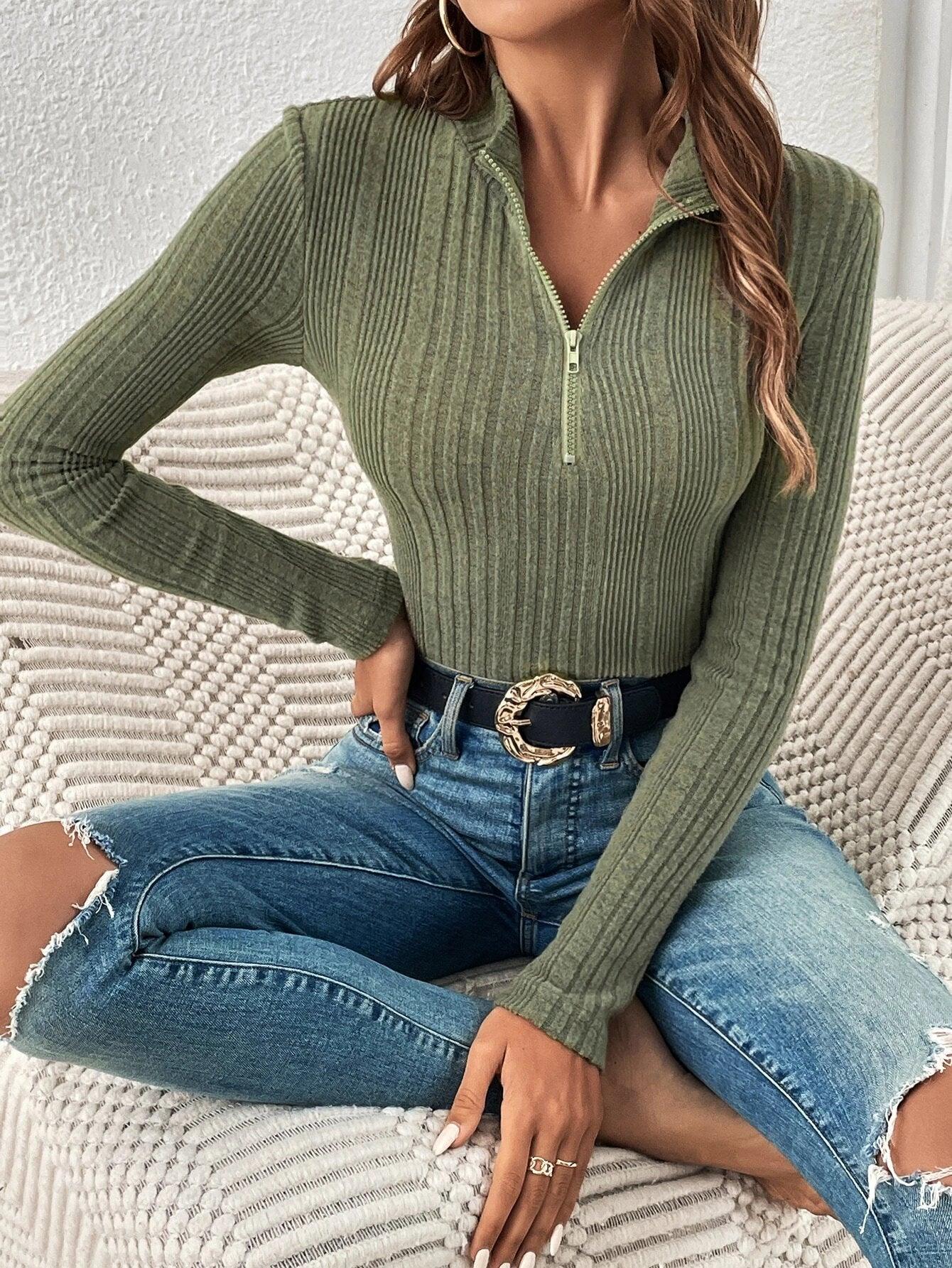 Half Zip Long Sleeve Ribbed Knit Bodysuit-Comfy Jumpsuits
