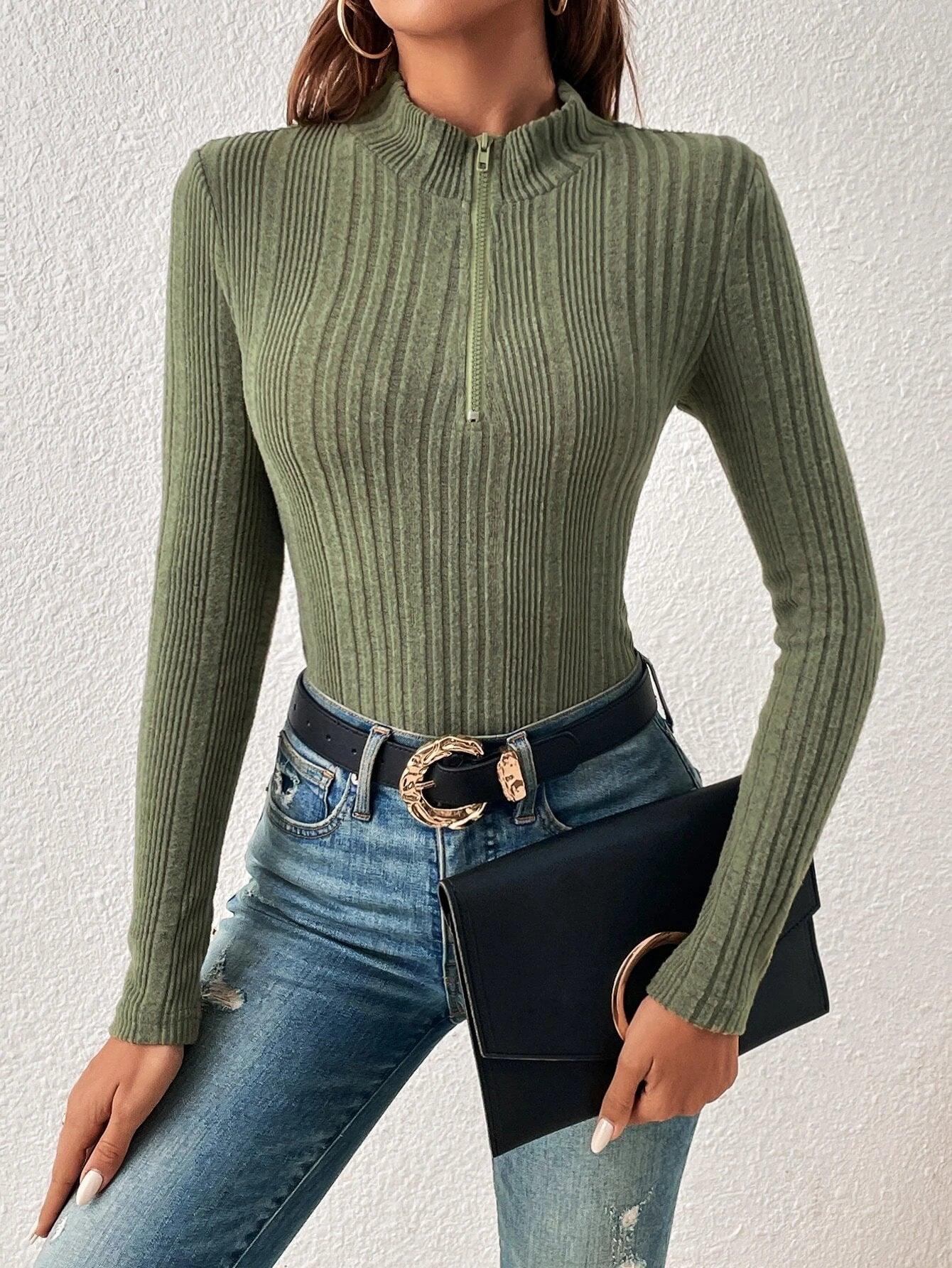 Half Zip Long Sleeve Ribbed Knit Bodysuit-Comfy Jumpsuits