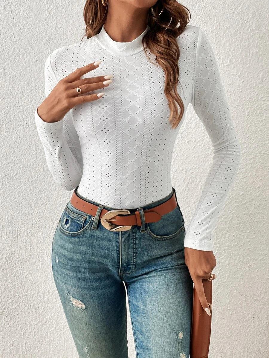 Mock Neck Eyelet Embroidery Casual Bodysuit-Comfy Jumpsuits