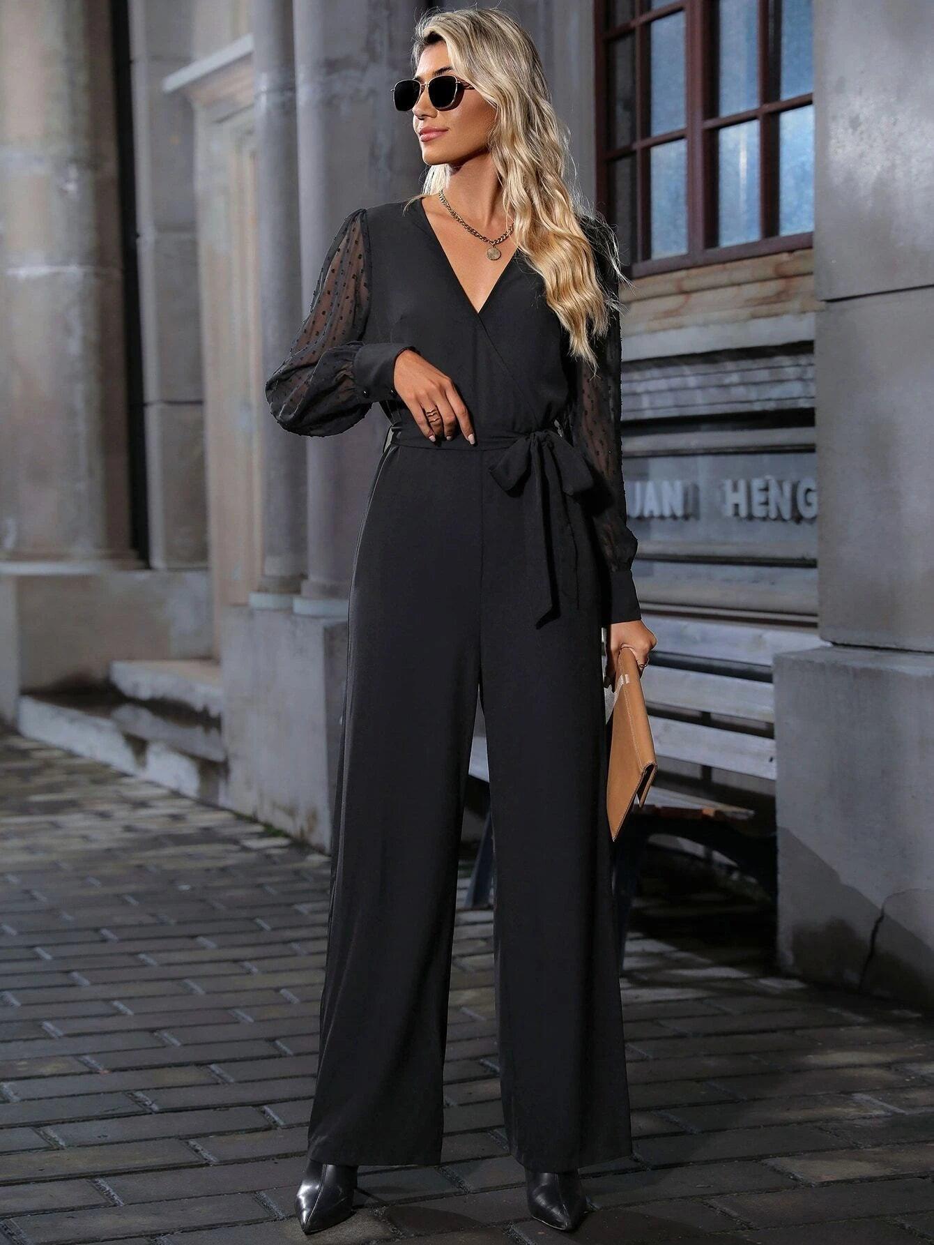 Long Sleeve Collar Belted Jumpsuit-Comfy Jumpsuits