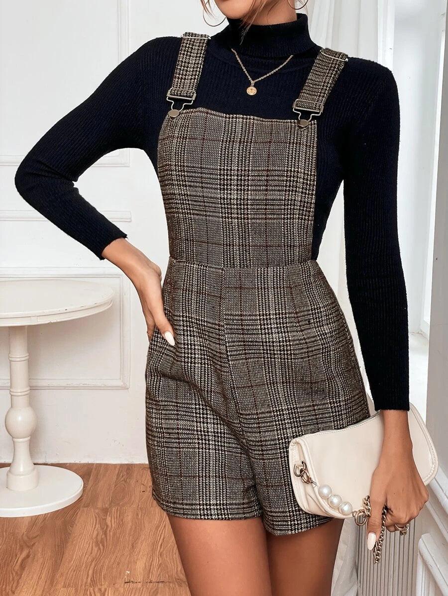 Frenchy Plaid Print Overall Romper Without Top-Comfy Jumpsuits