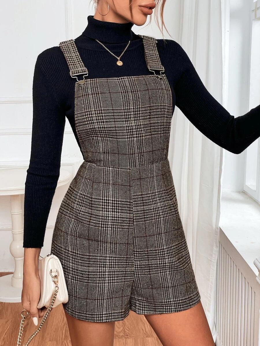 Frenchy Plaid Print Overall Romper Without Top-Comfy Jumpsuits