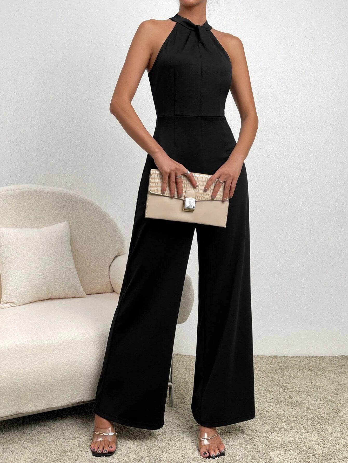 Back Halter Neck Wide Leg Jumpsuit-Comfy Jumpsuits