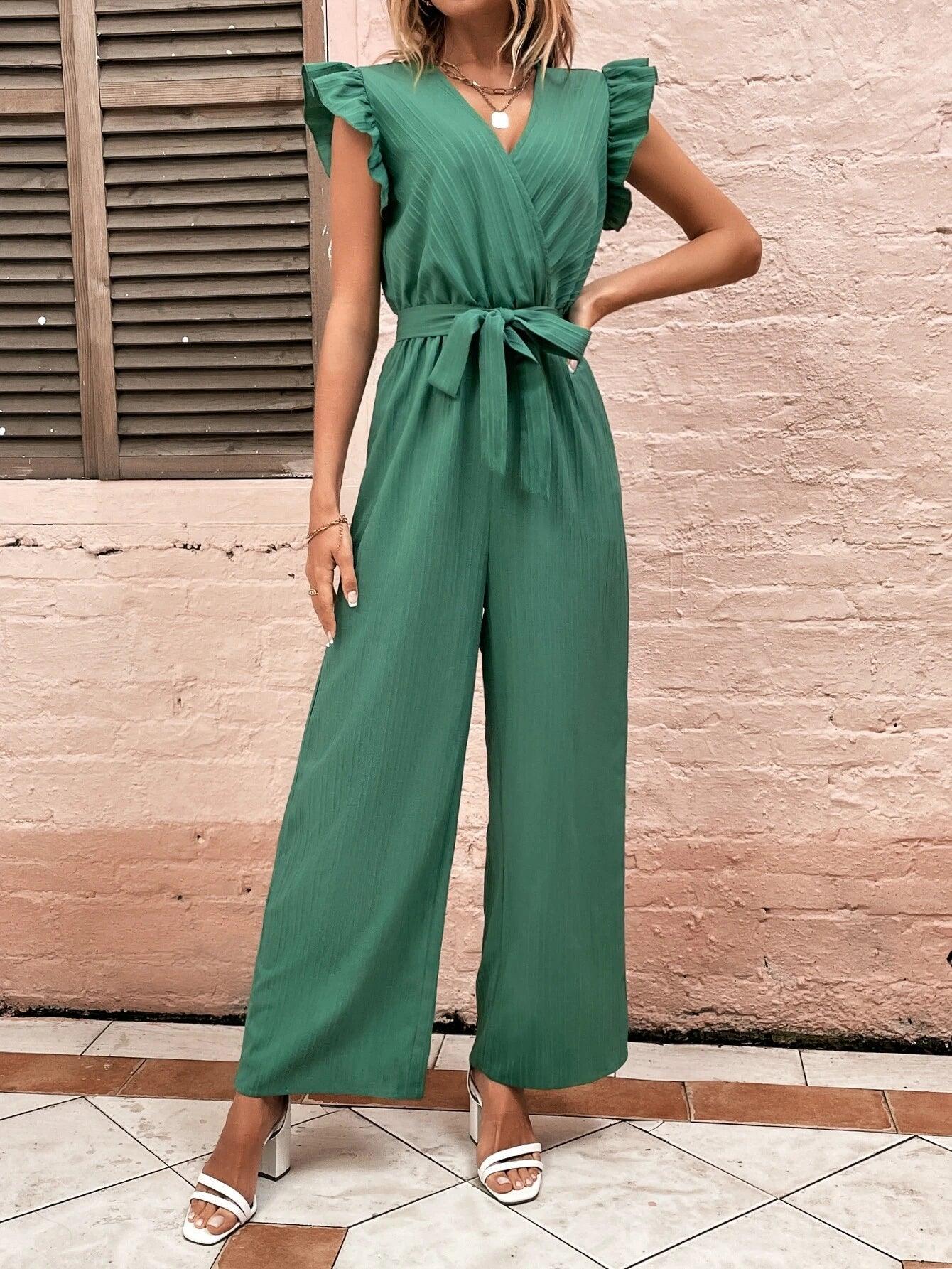 High Waist Green Ruffle Trim Belted Jumpsuit-Comfy Jumpsuits