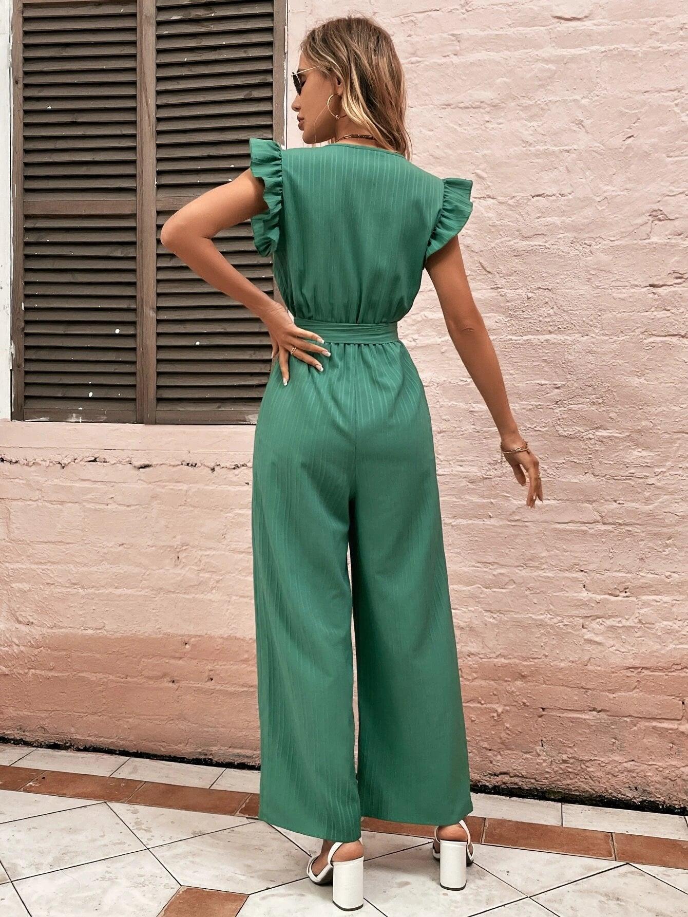 High Waist Green Ruffle Trim Belted Jumpsuit-Comfy Jumpsuits