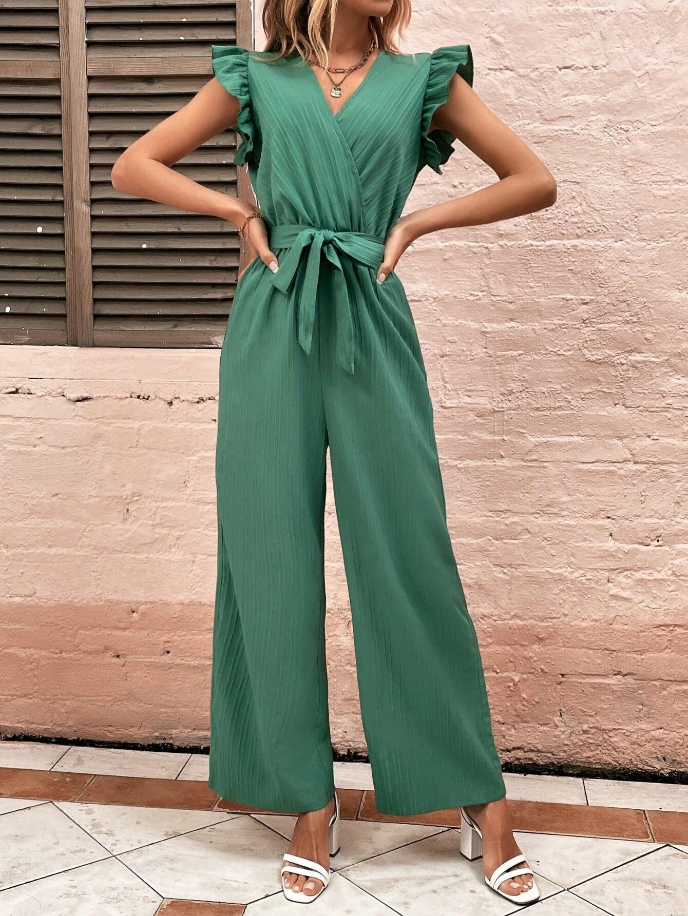 High Waist Green Ruffle Trim Belted Jumpsuit-Comfy Jumpsuits