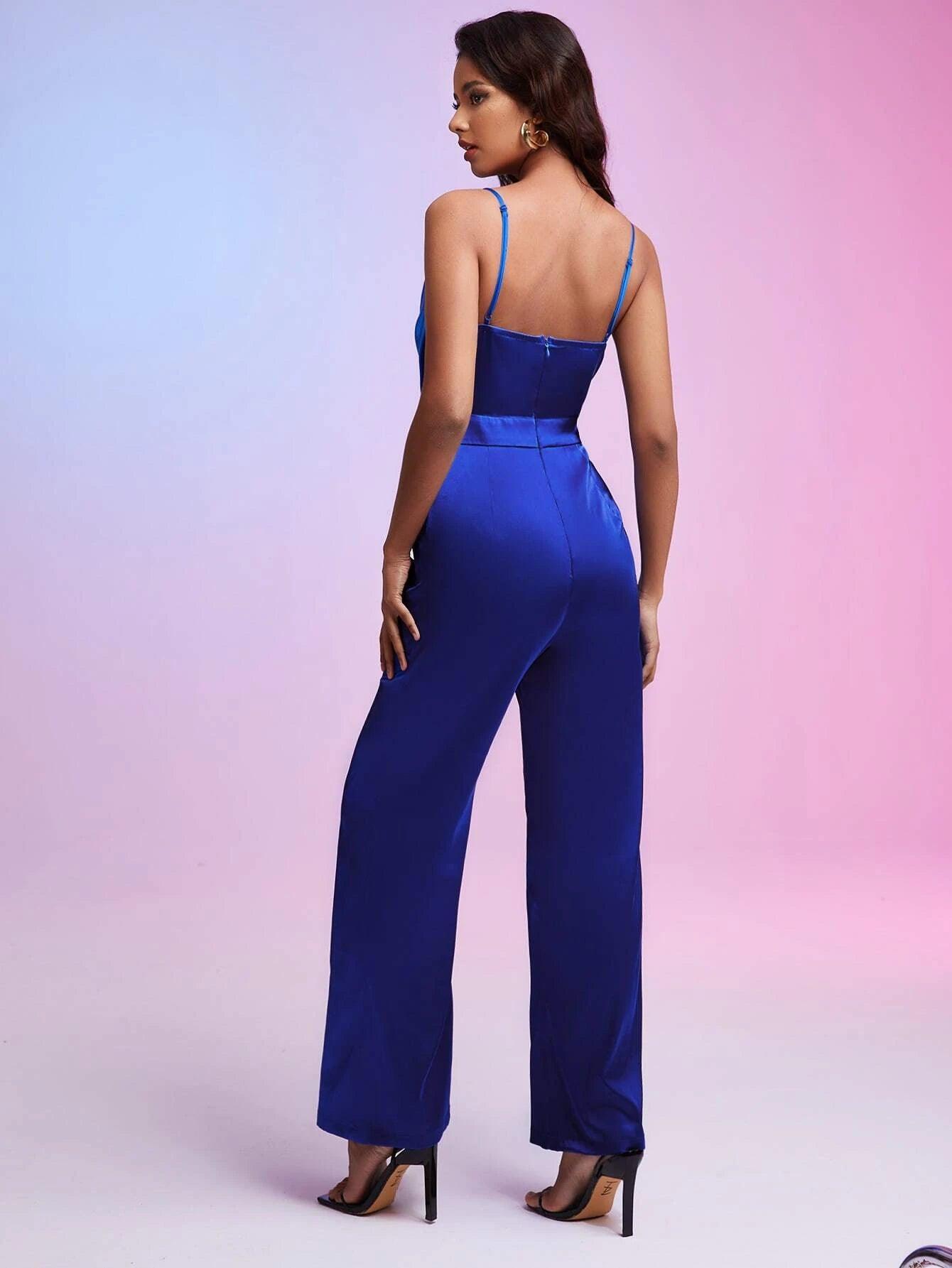 Draped Collar Satin Cami Jumpsuit-Comfy Jumpsuits