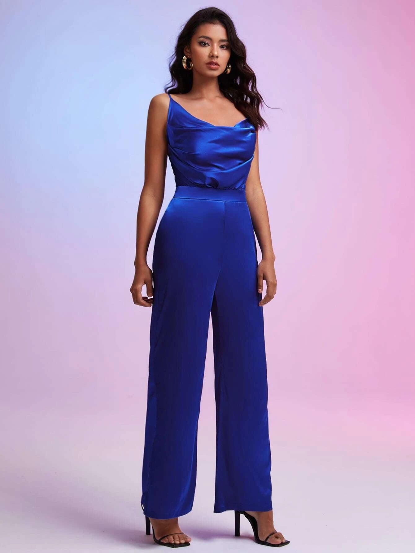 Draped Collar Satin Cami Jumpsuit-Comfy Jumpsuits