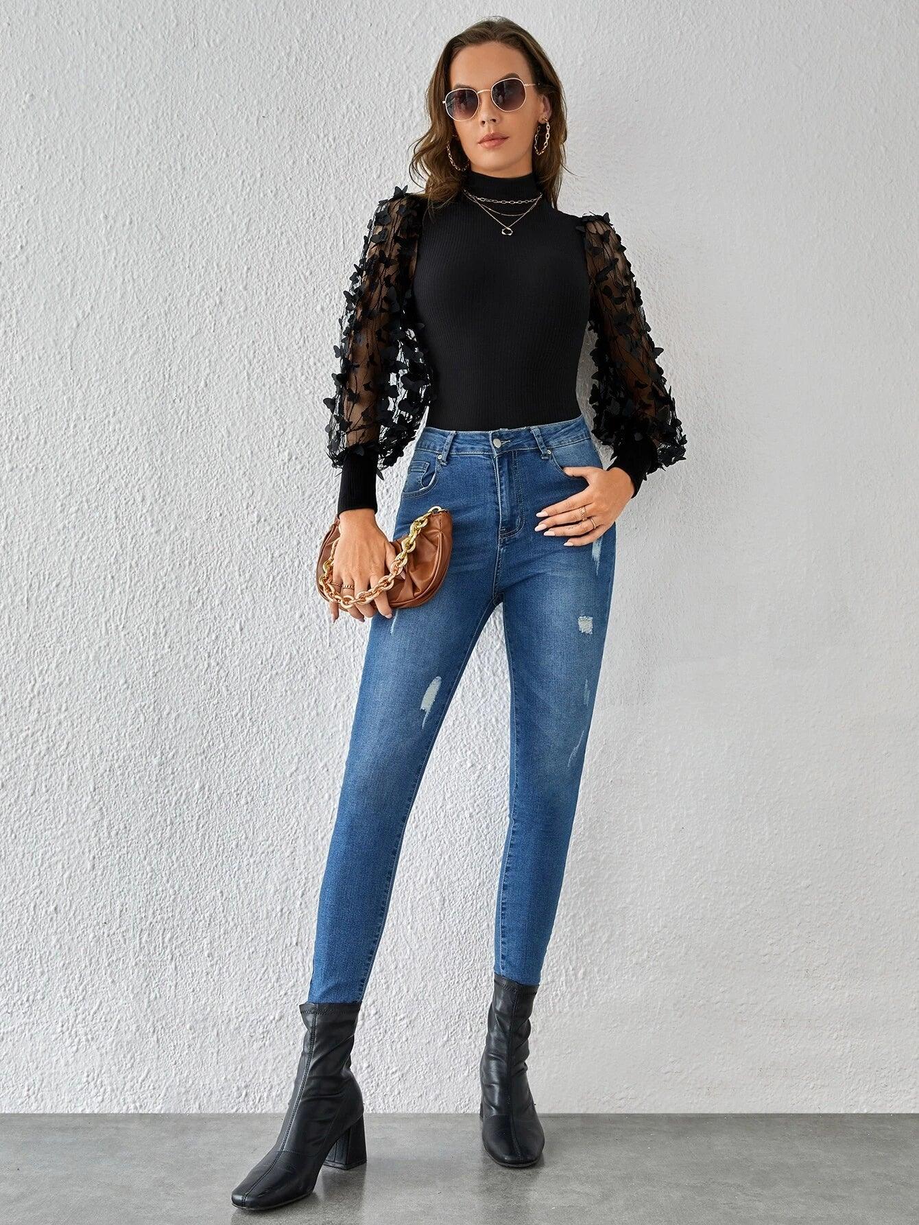 Mock Neckline Contrast Mesh Bodysuit-Comfy Jumpsuits