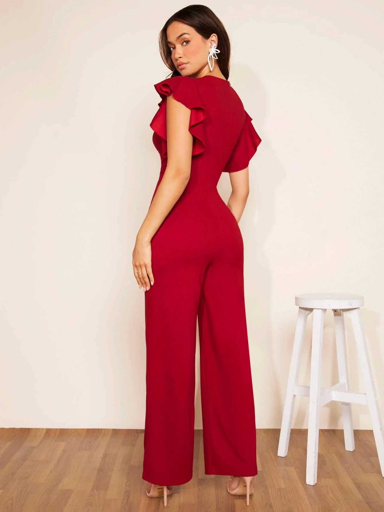 Plunging Neck Butterfly Sleeve Jumpsuit-Comfy Jumpsuits