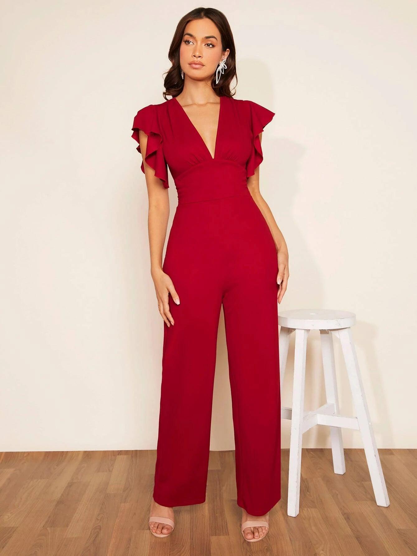 Plunging Neck Butterfly Sleeve Jumpsuit-Comfy Jumpsuits