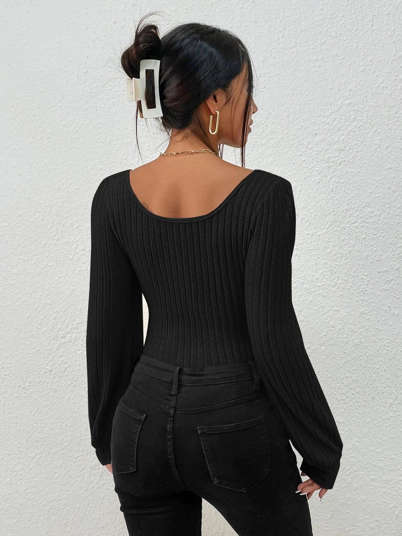 Square Neck Lantern Sleeve Bodysuit-Comfy Jumpsuits
