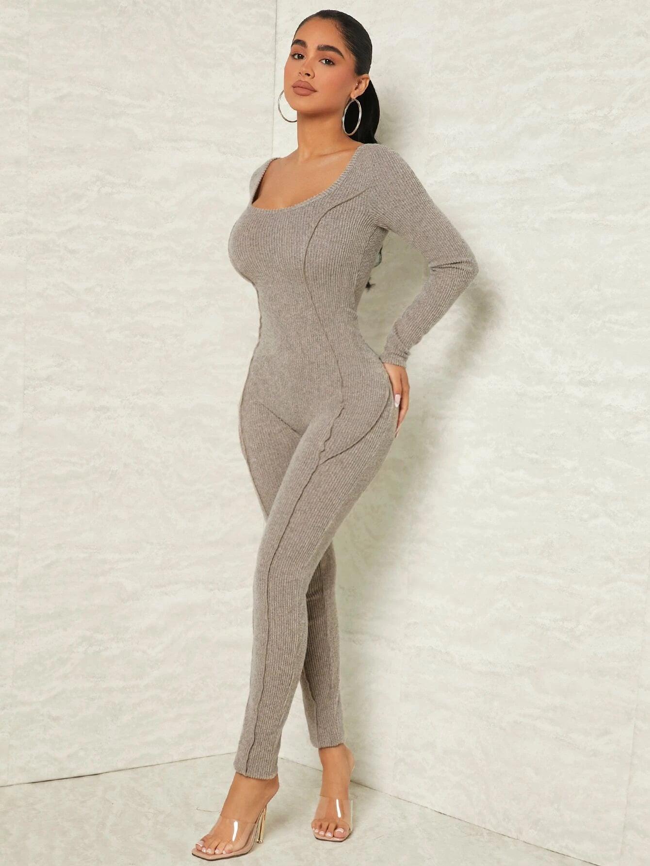 Scoop Neck Rib Knit Unitard Jumpsuit-Comfy Jumpsuits