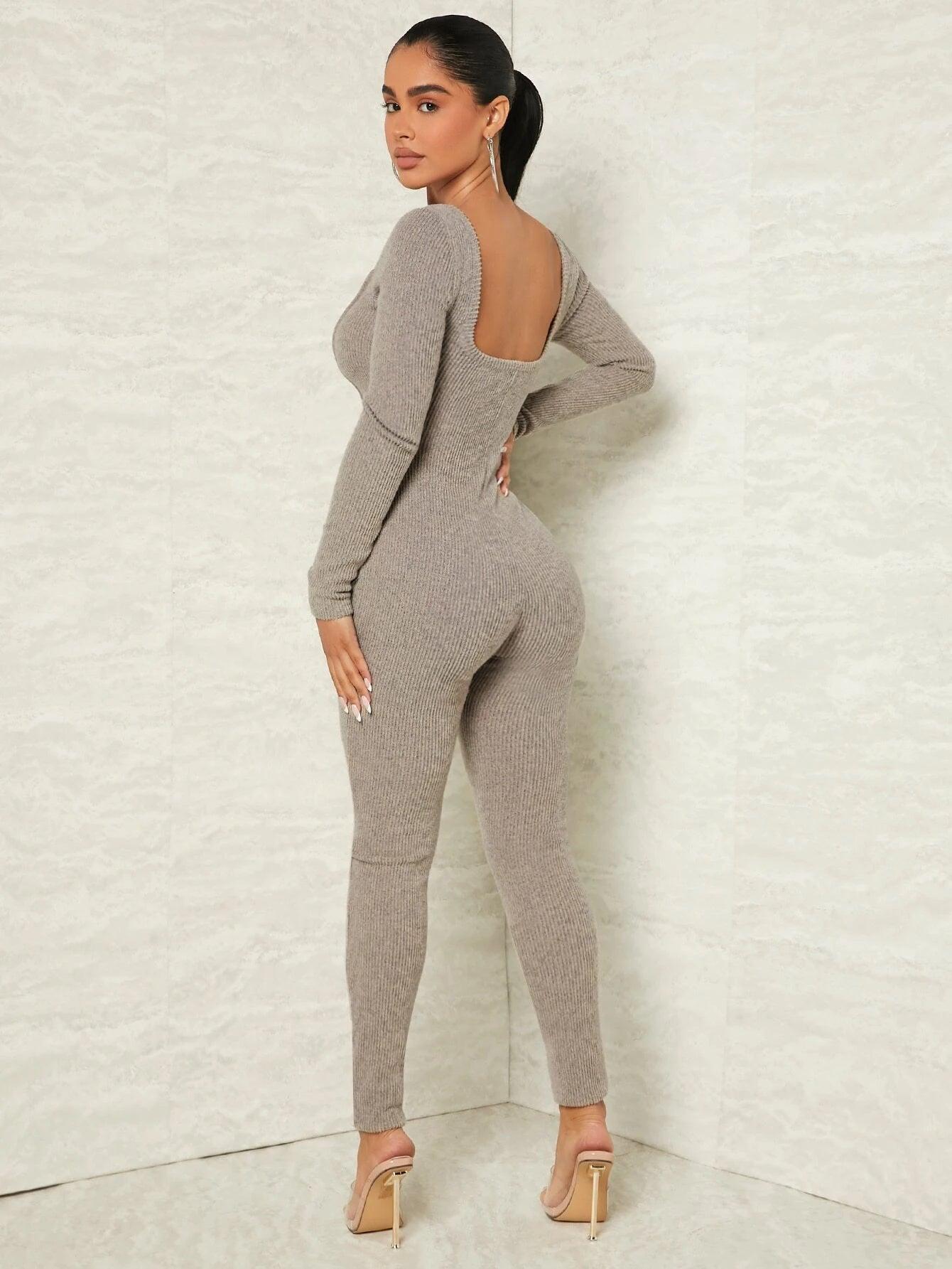 Scoop Neck Rib Knit Unitard Jumpsuit-Comfy Jumpsuits
