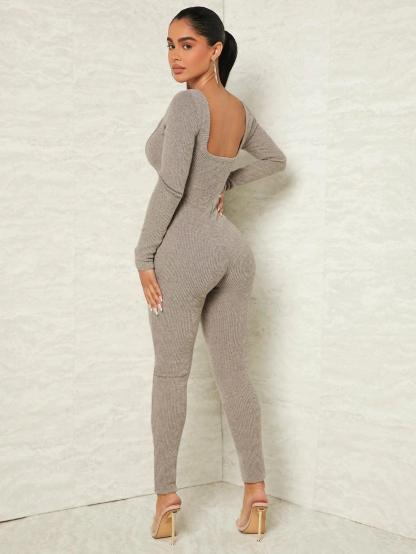 Scoop Neck Rib Knit Unitard Jumpsuit-Comfy Jumpsuits