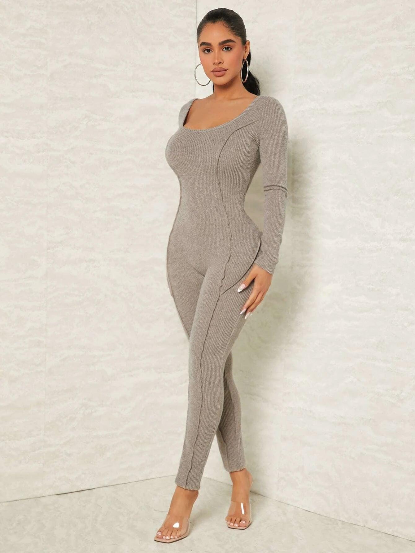Scoop Neck Rib Knit Unitard Jumpsuit-Comfy Jumpsuits