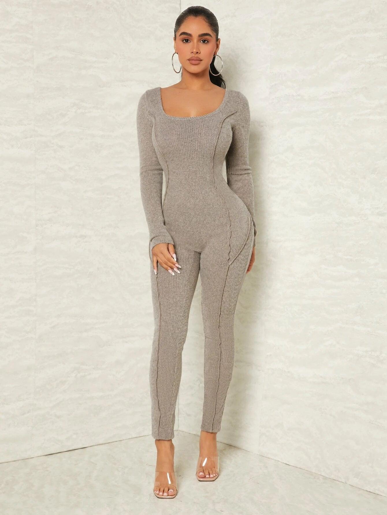 Scoop Neck Rib Knit Unitard Jumpsuit-Comfy Jumpsuits