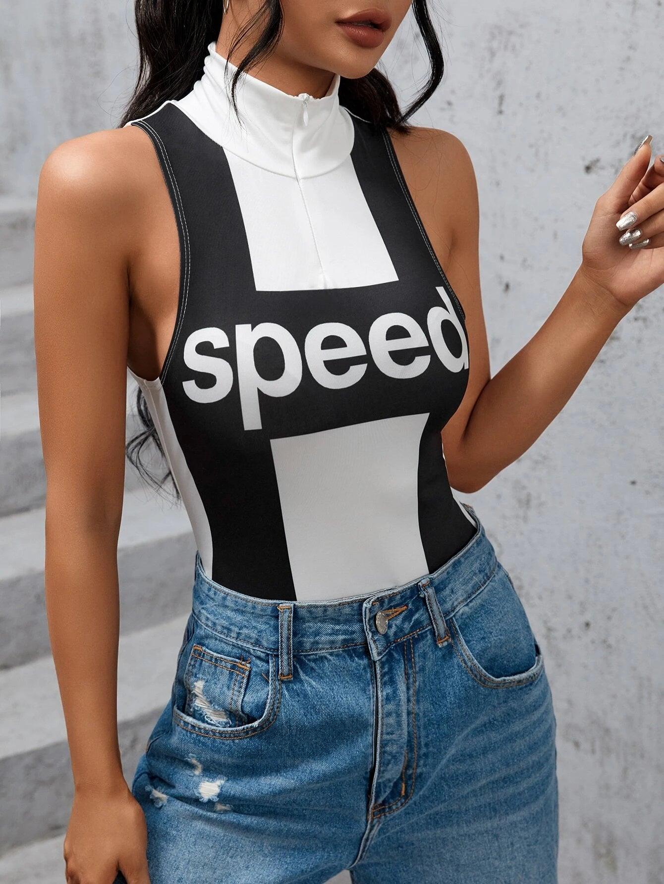 Letter Graphic Mock Neck Tank Bodysuit-Comfy Jumpsuits
