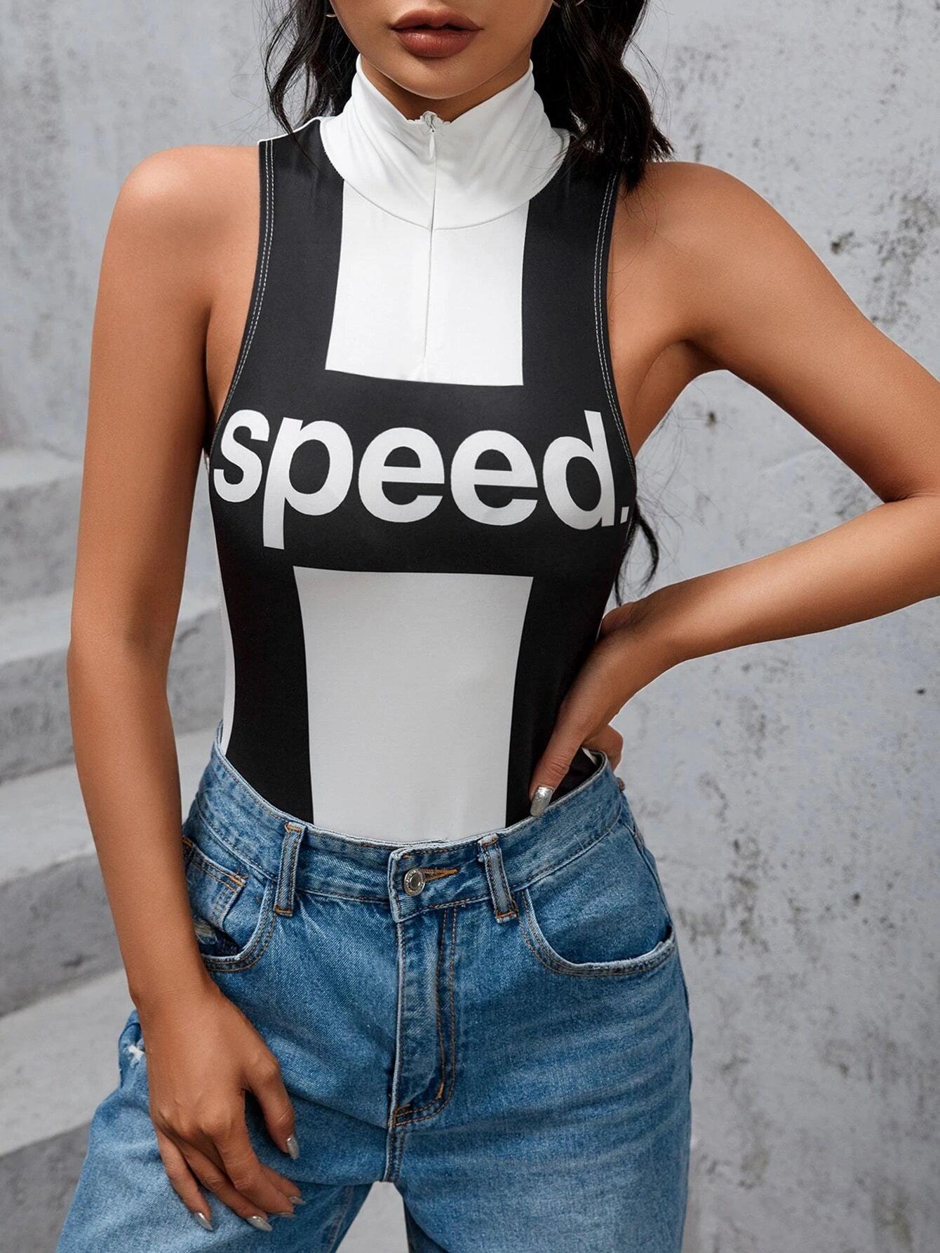 Letter Graphic Mock Neck Tank Bodysuit-Comfy Jumpsuits