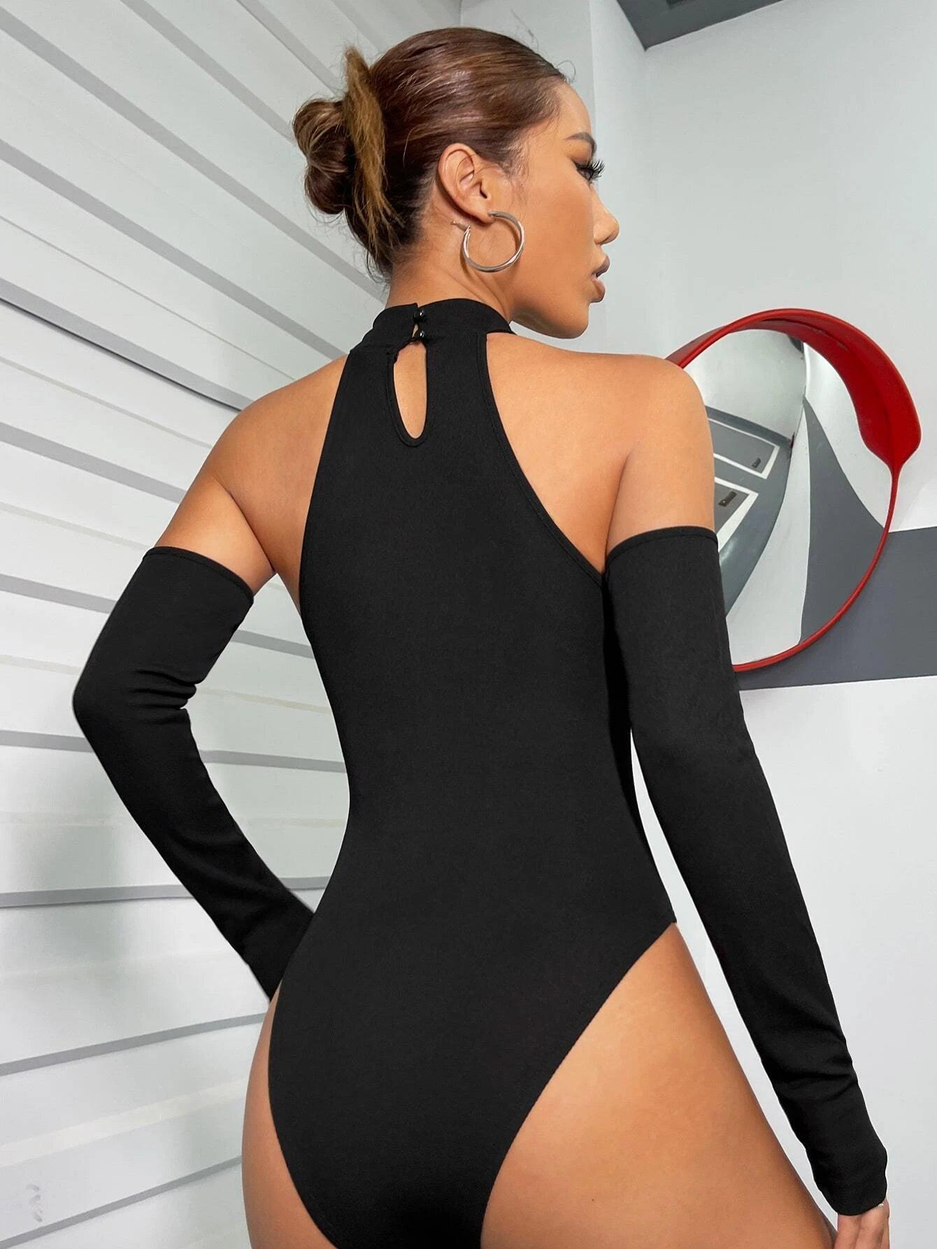 Halter Neck Bodysuit With Arm Sleeves-Comfy Jumpsuits