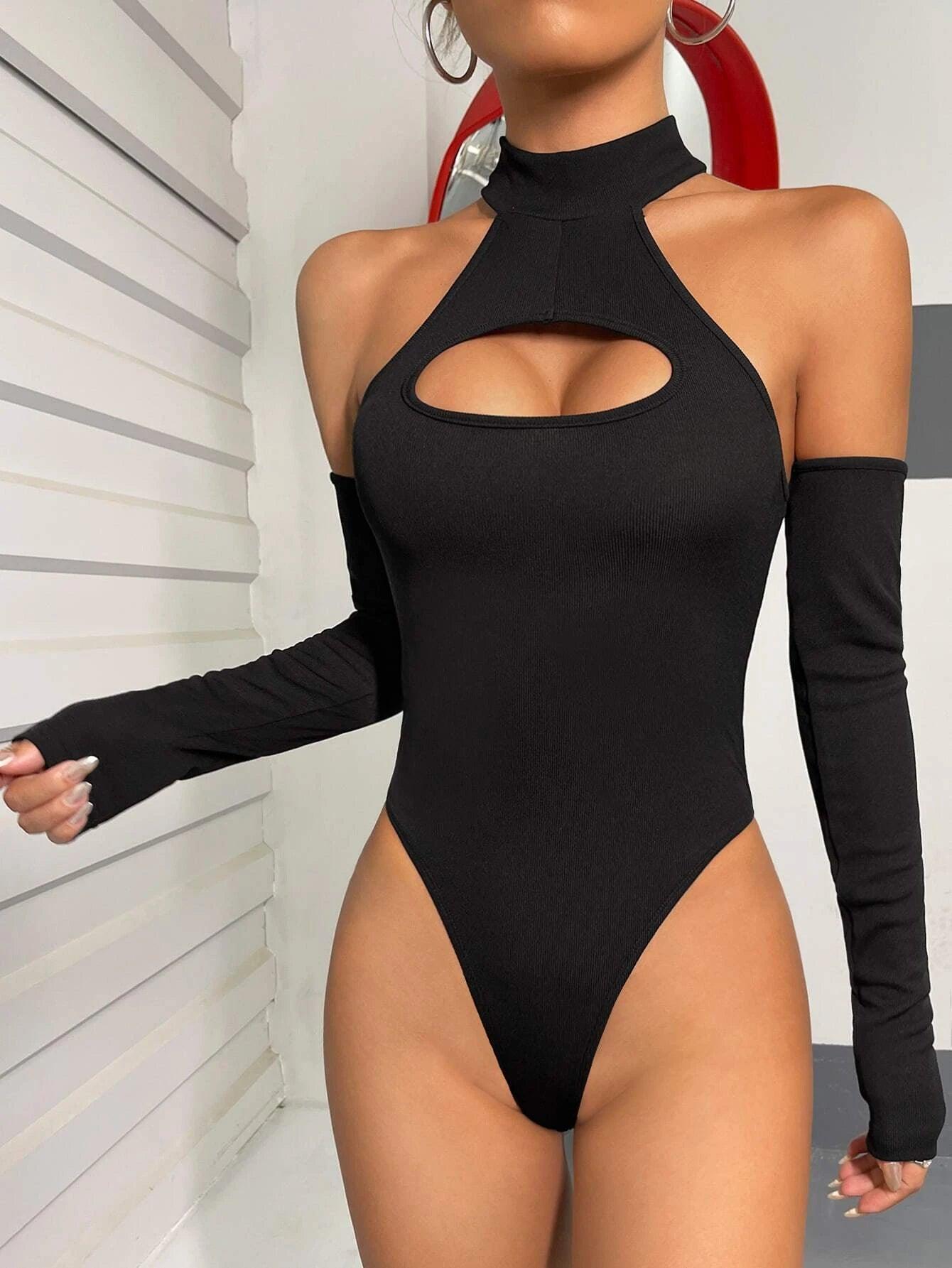Halter Neck Bodysuit With Arm Sleeves-Comfy Jumpsuits
