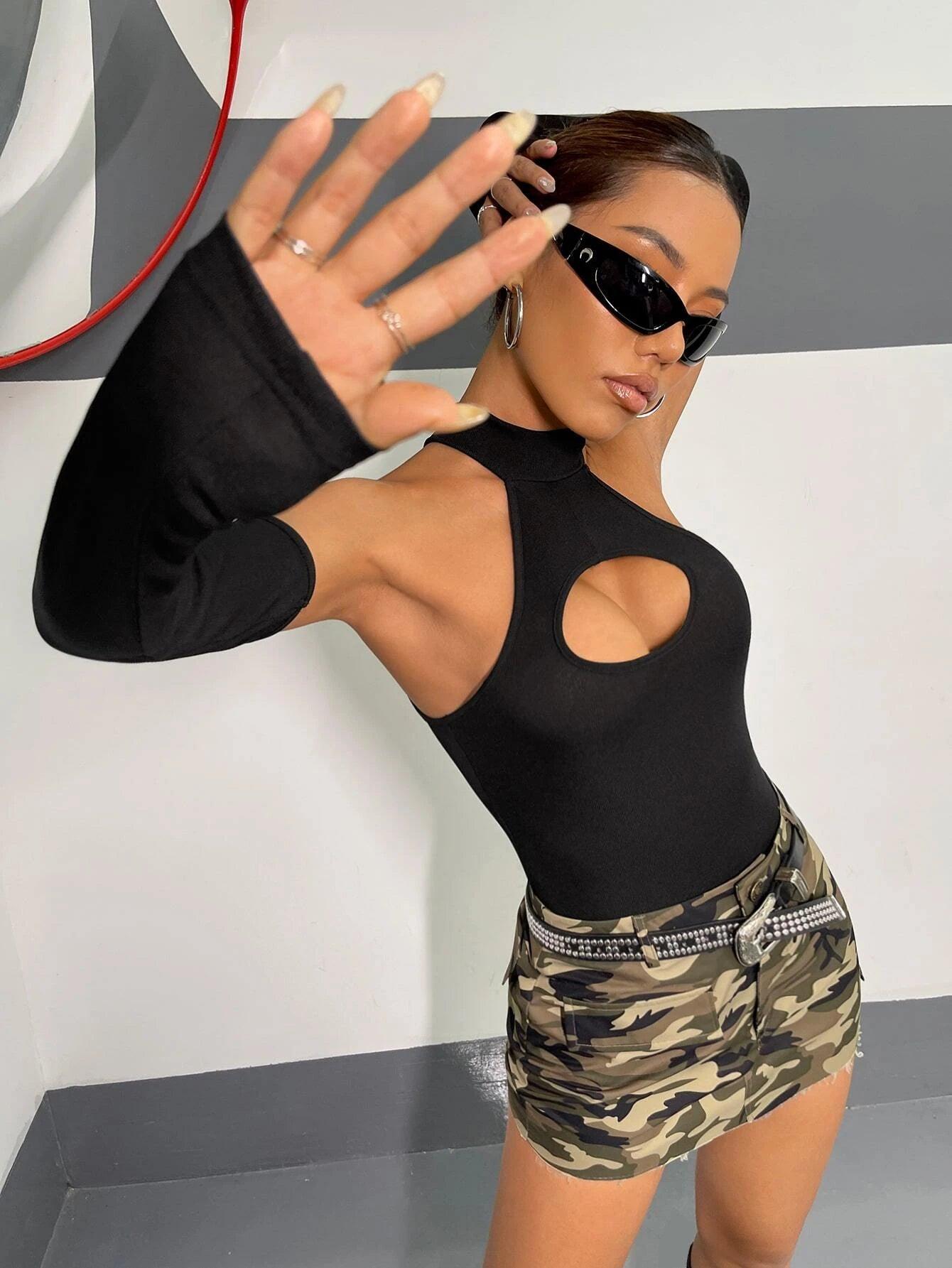 Halter Neck Bodysuit With Arm Sleeves-Comfy Jumpsuits