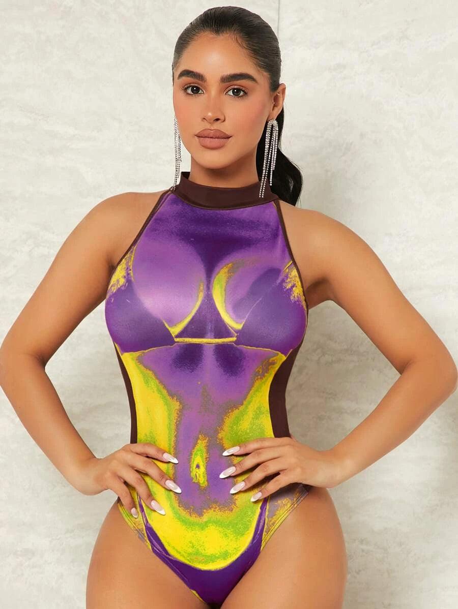 Heat Map Print Mock Neck Bodysuit-Comfy Jumpsuits