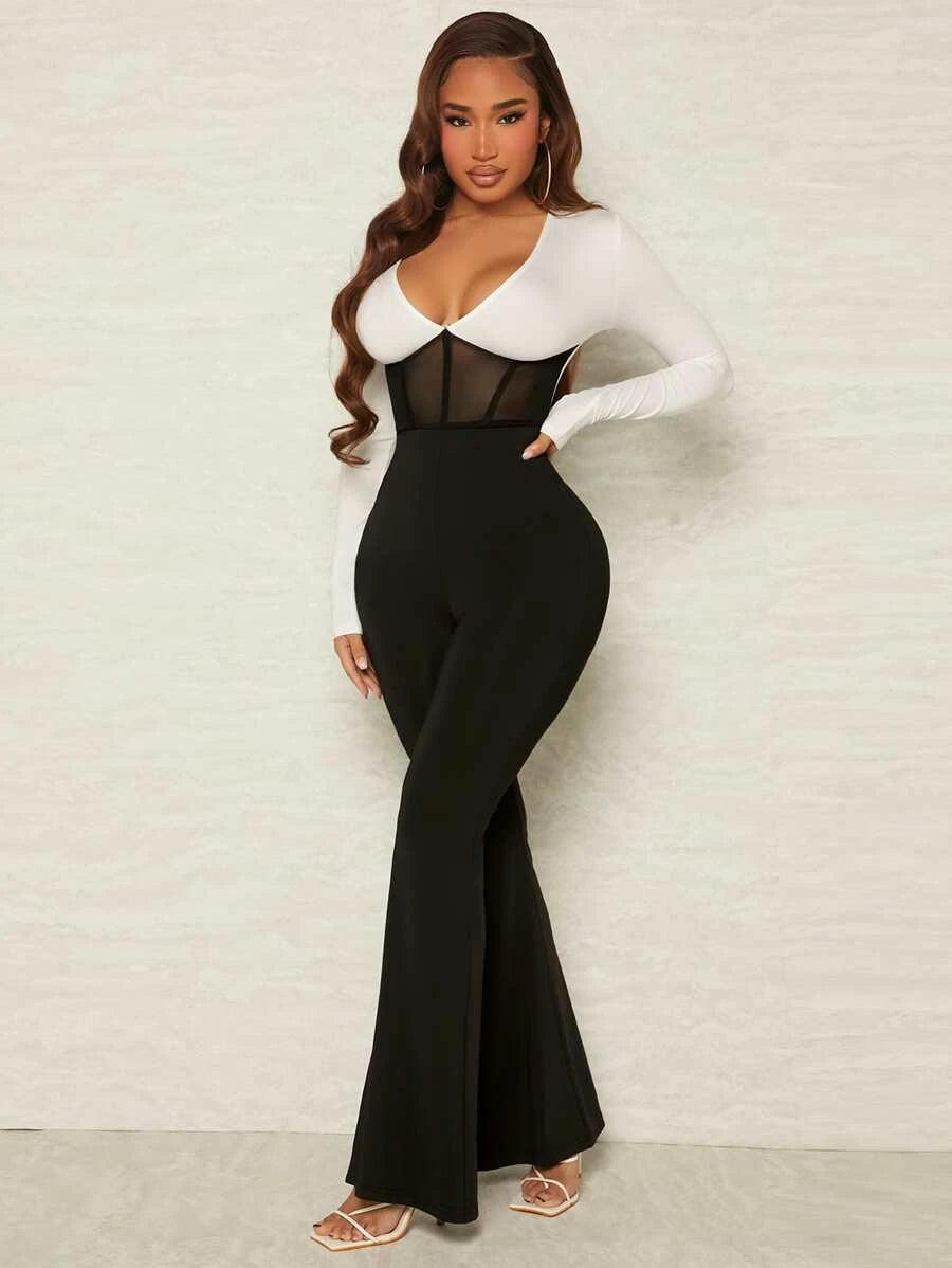 Contrast Mesh Plunging Neck Jumpsuit-Comfy Jumpsuits