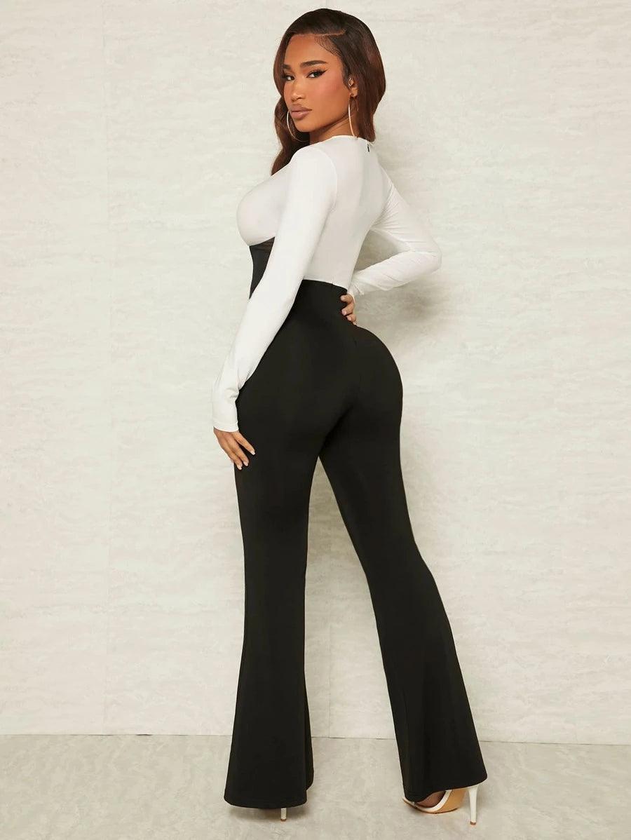Contrast Mesh Plunging Neck Jumpsuit-Comfy Jumpsuits